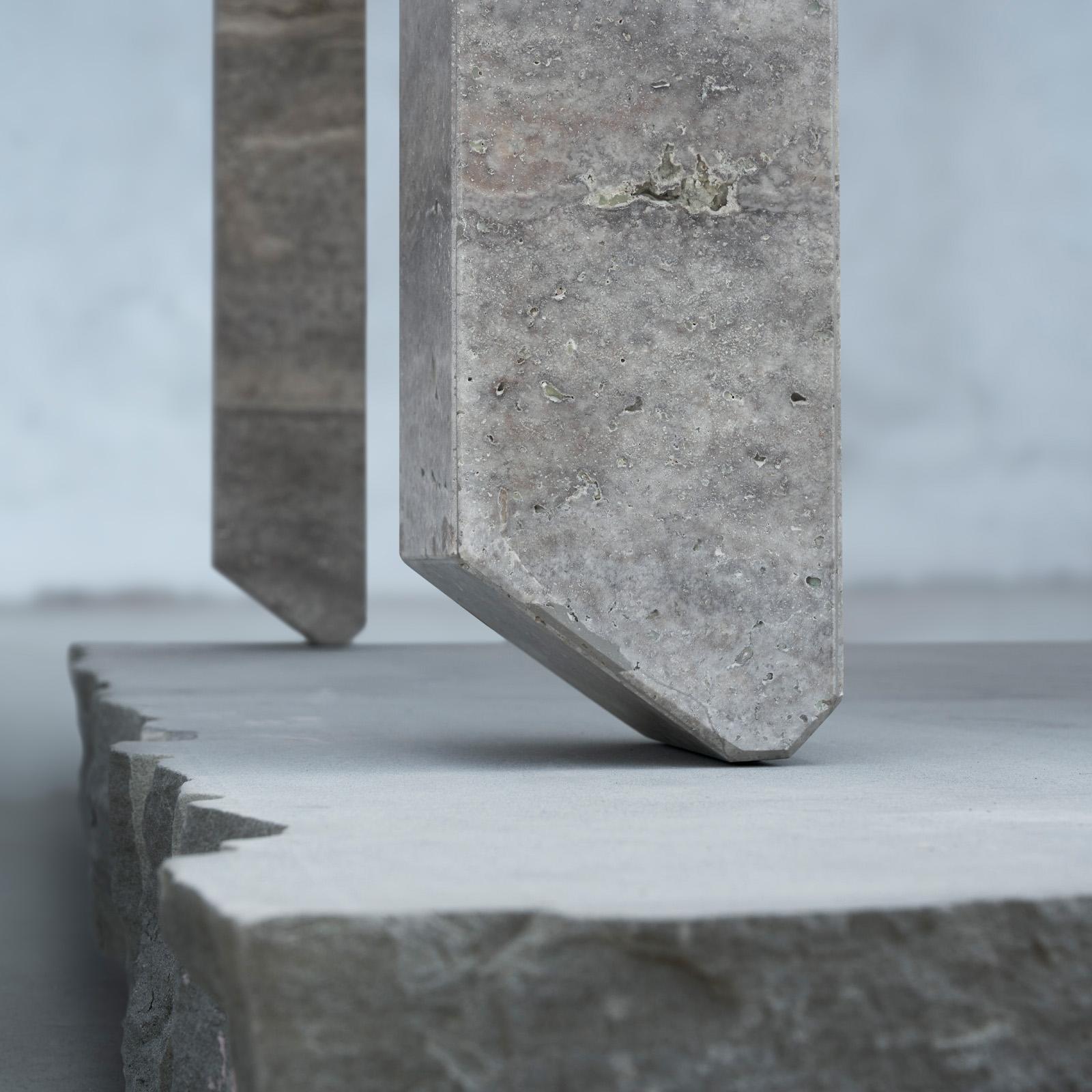 Lacquered Tiptoe Outdoor Dining Table in Silver Travertine Marble by dAM Atelier
