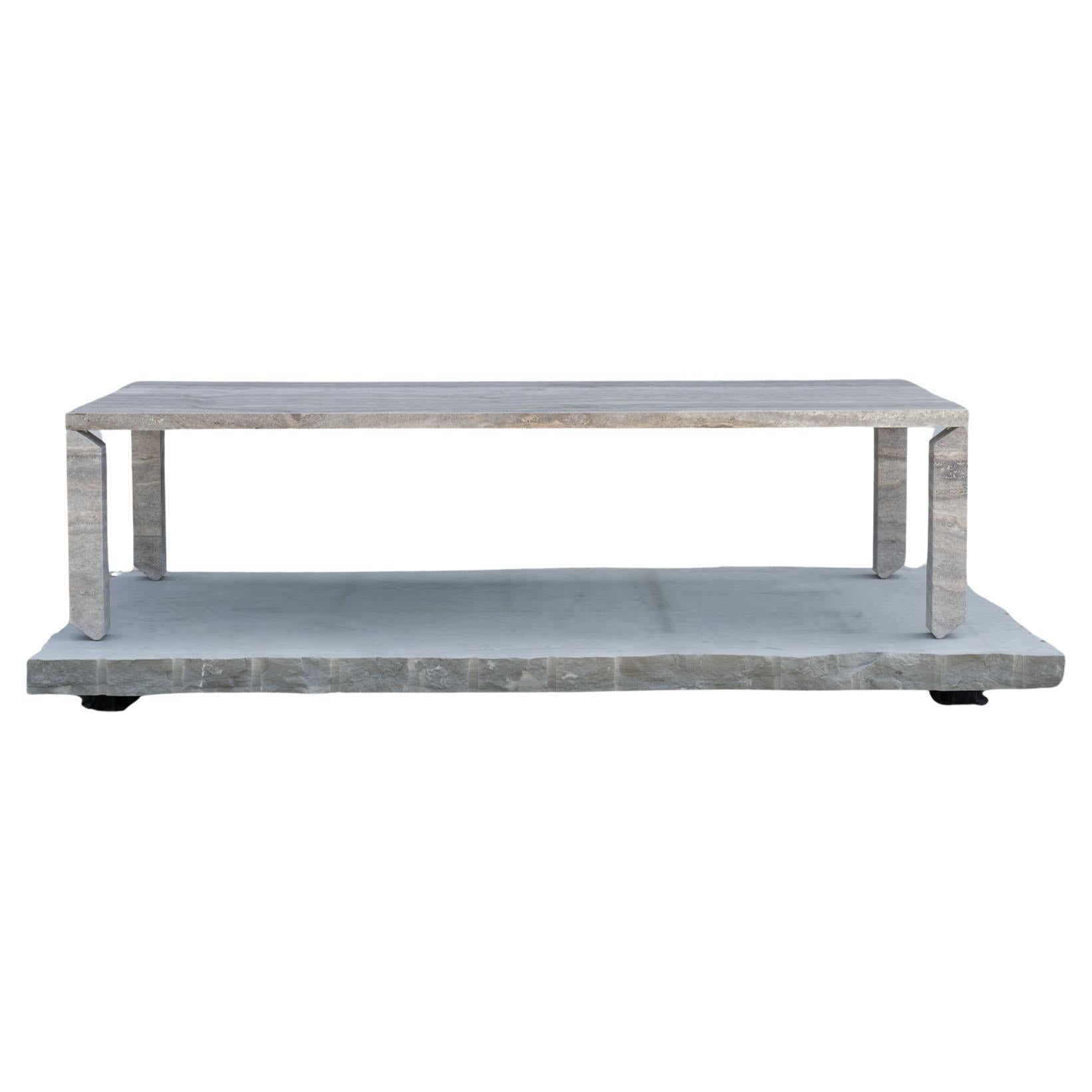 Tiptoe Outdoor Dining Table in Silver Travertine Marble by dAM Atelier For Sale