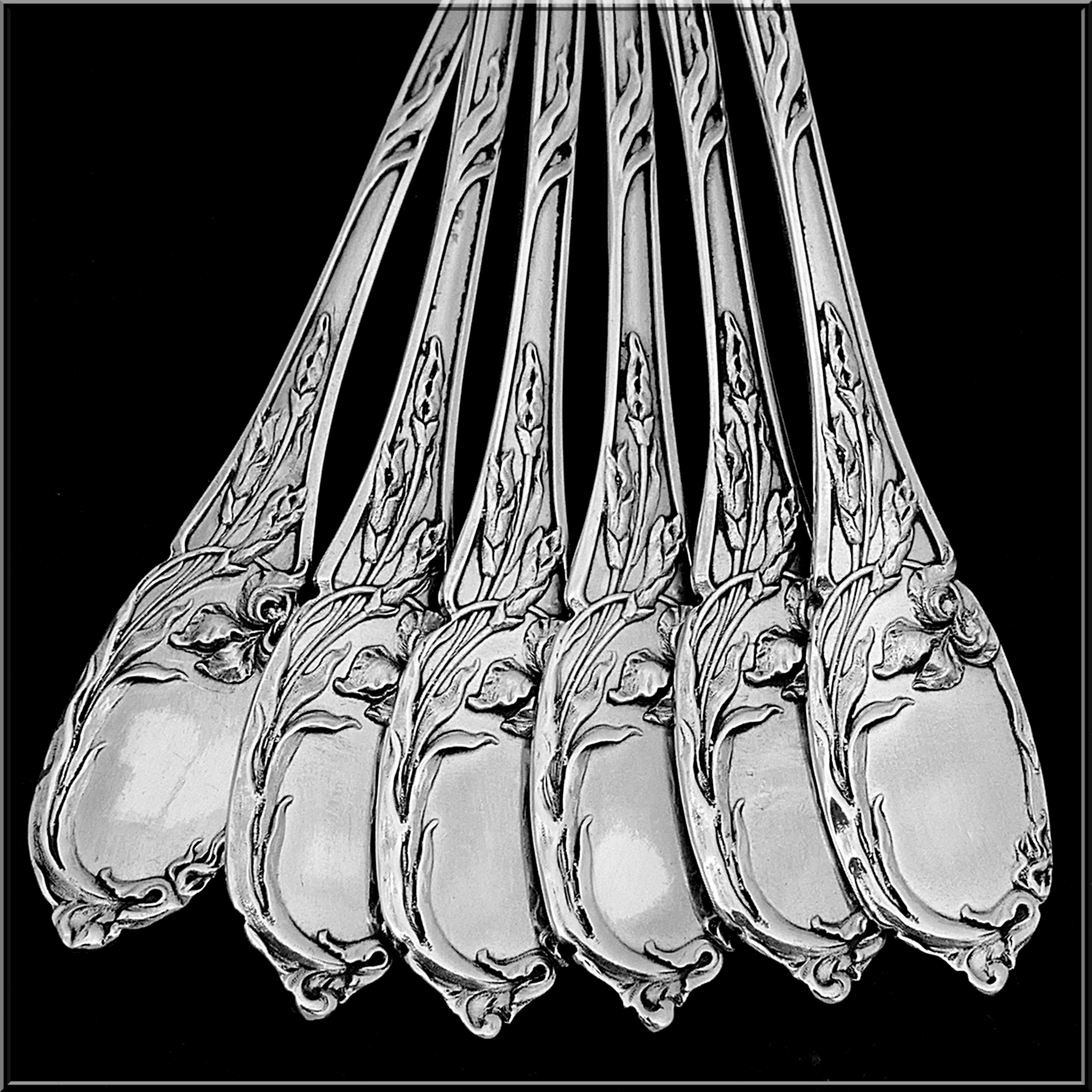 Art Nouveau Tirbour Rare French Sterling Silver Dessert Coffee Spoons Set 6 Pc, Iris