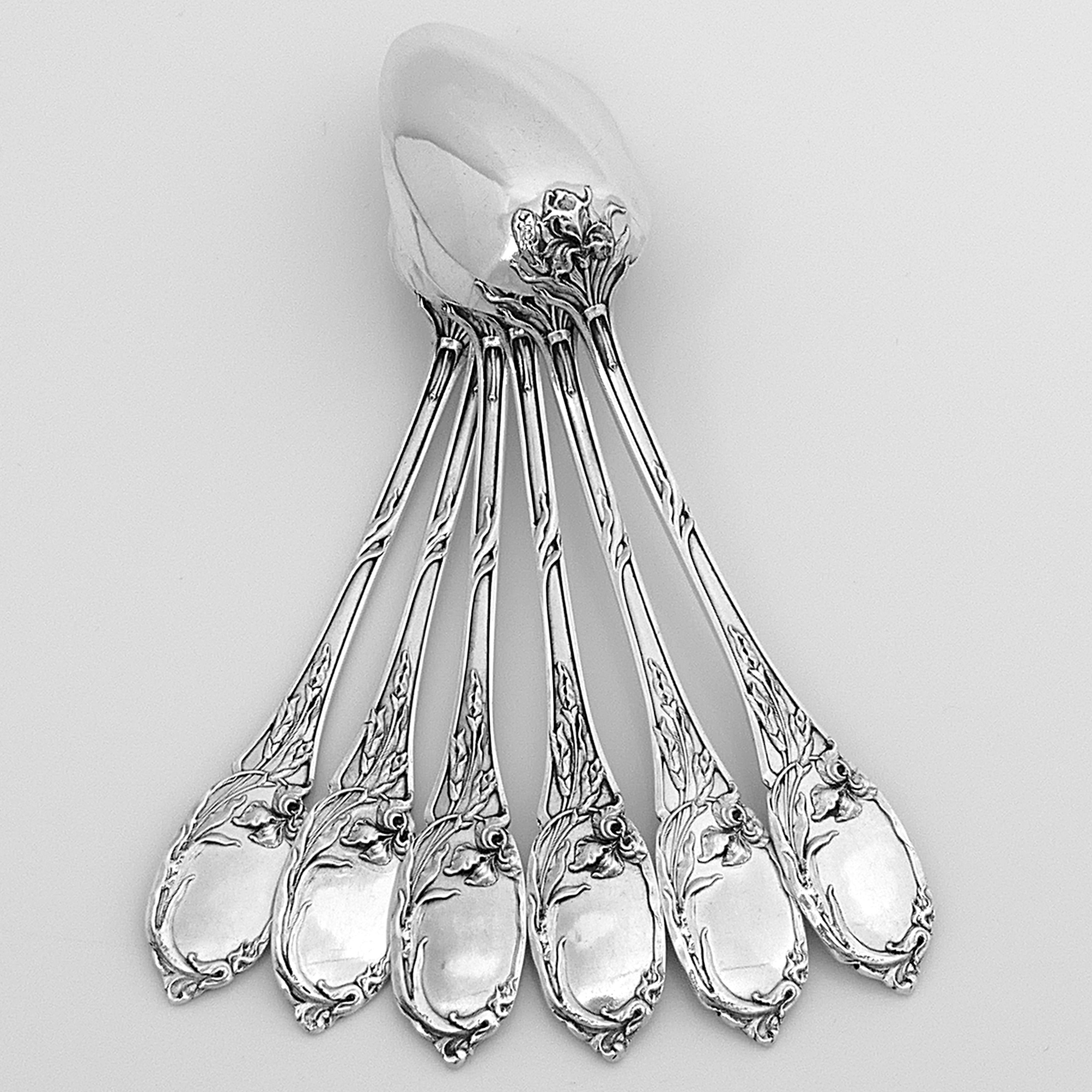 Tirbour Rare French Sterling Silver Dessert Coffee Spoons Set 6 Pc, Iris In Good Condition In TRIAIZE, PAYS DE LOIRE