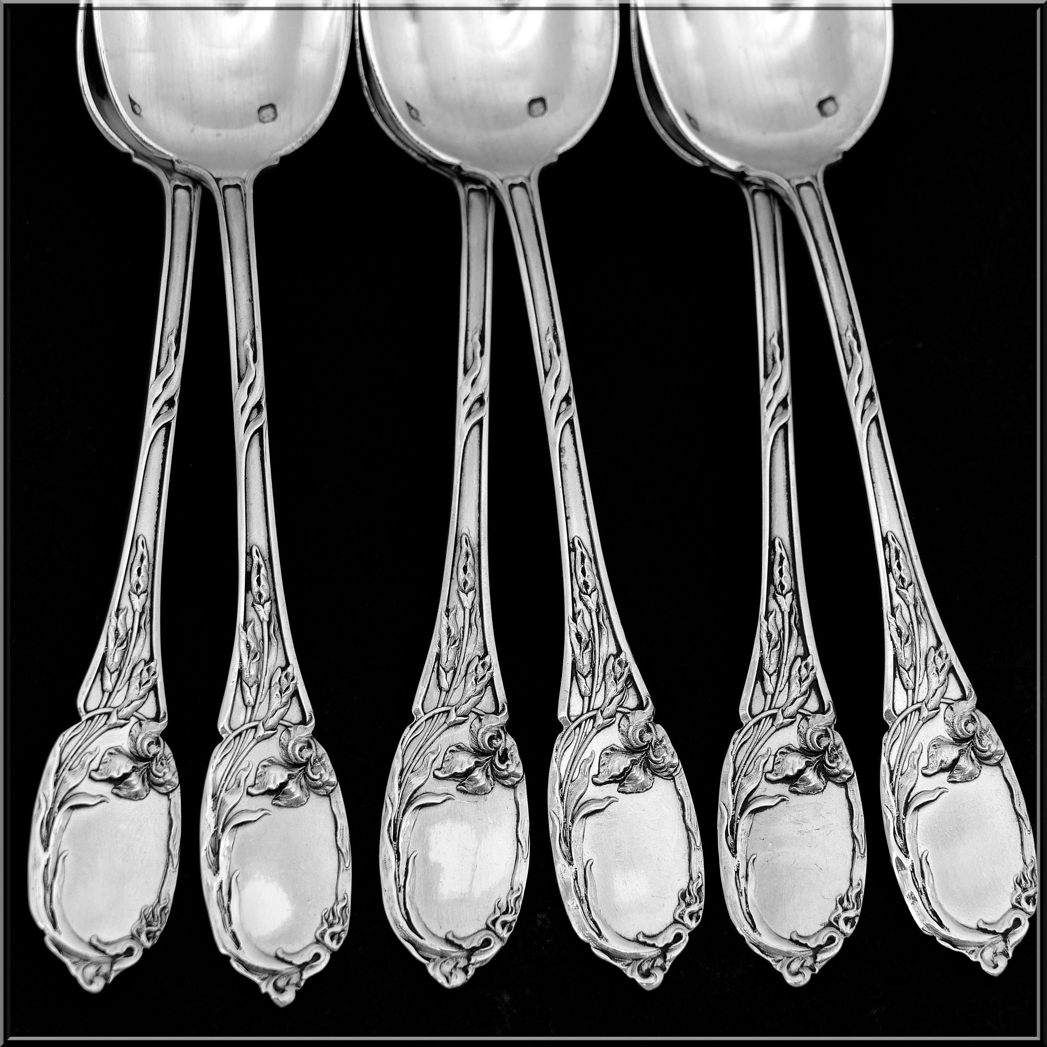 Early 20th Century Tirbour Rare French Sterling Silver Dessert Coffee Spoons Set 6 Pc, Iris