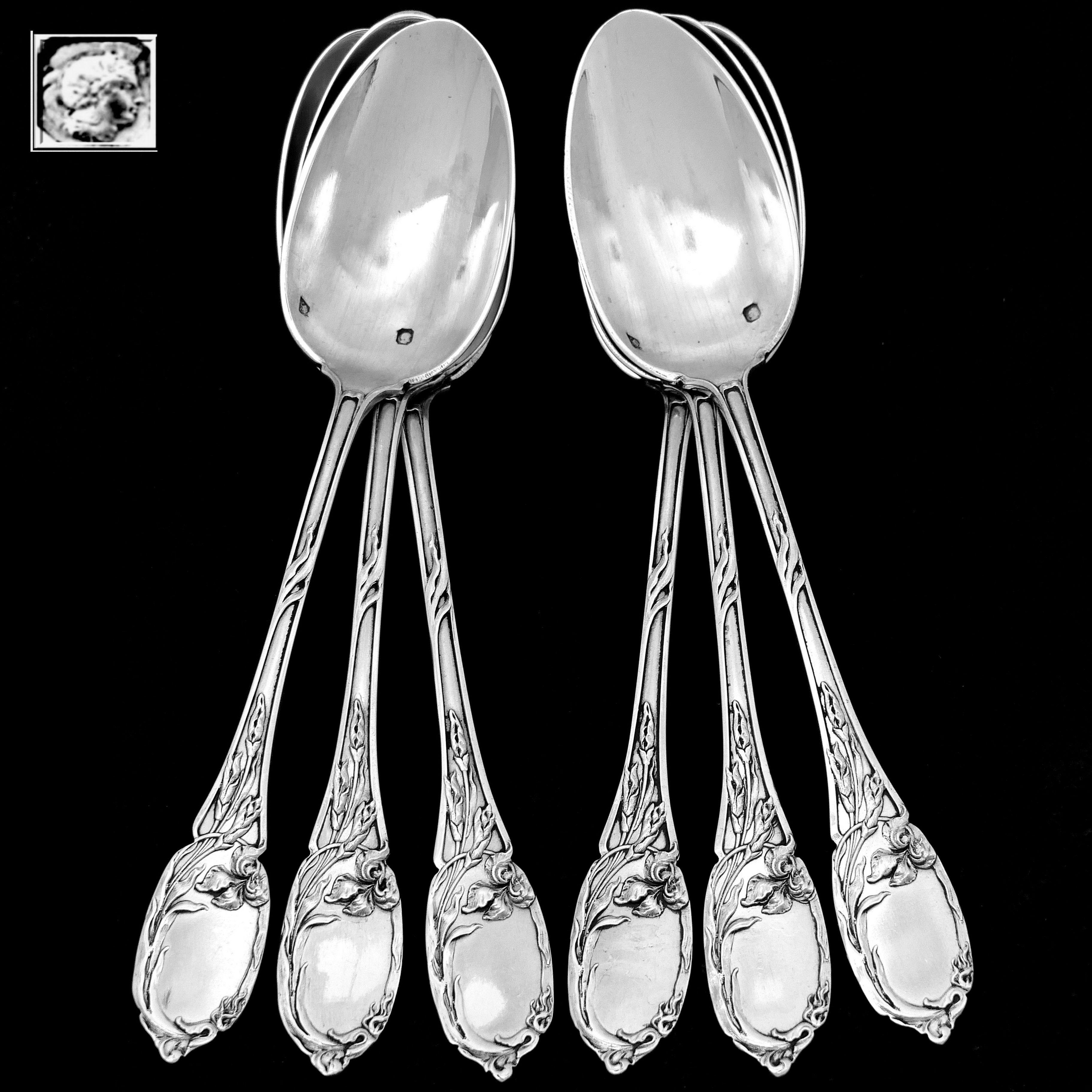 Tirbour Rare French Sterling Silver Dessert Coffee Spoons Set 6 Pc, Iris 1
