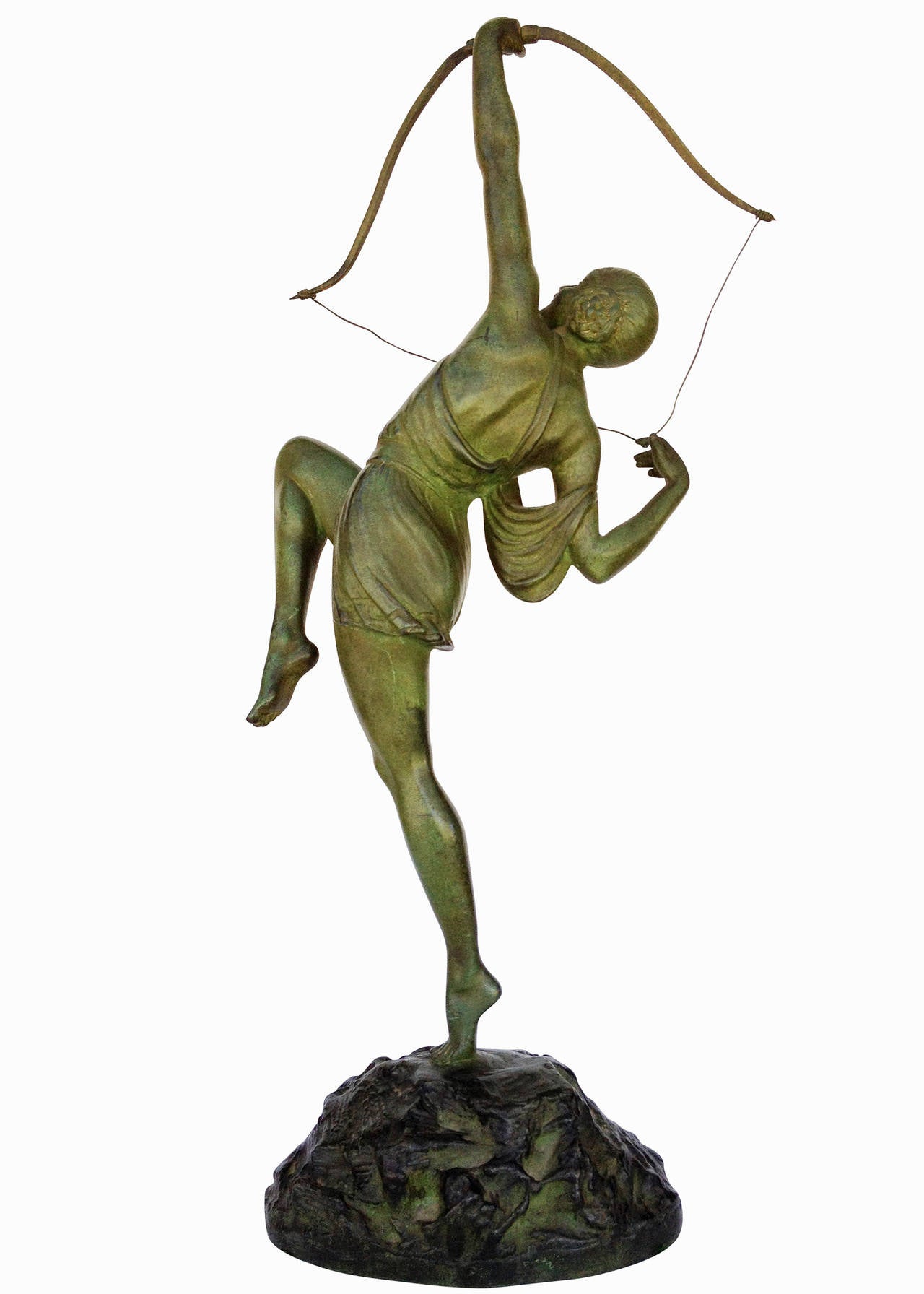 Designed by French sculptor Pierre Le Faguays, circa 1925, this Art Deco bronze statue features a young Grecian female archer named 
