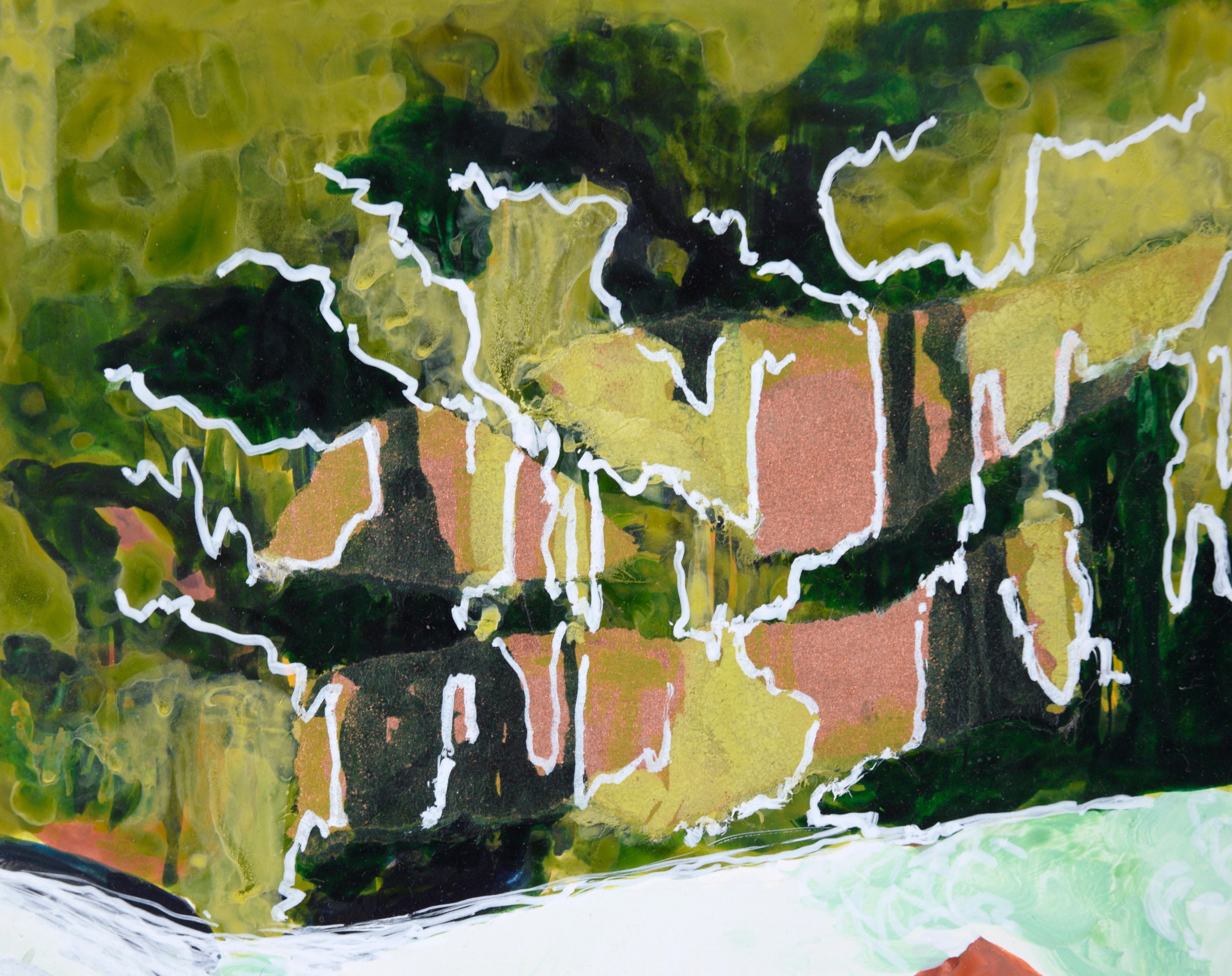 Trail d'Eagle Creek, Gorge de la rivière Columbia, Oregon - paysage stylisé en acrylique - Painting de Tirzah Lane
