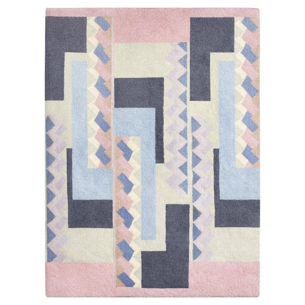 Tisca Geometric Pattern Hand-Tufted Wool Rug, Signed “ILES”, France, 1990s For Sale