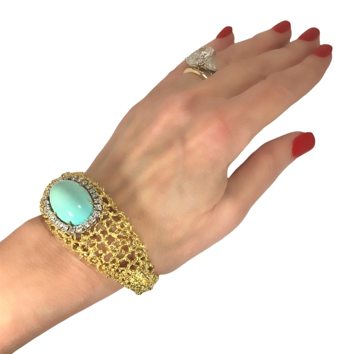 Tishman and Lipp Bracelet bombé en or 18 carats avec turquoise et diamants 4
