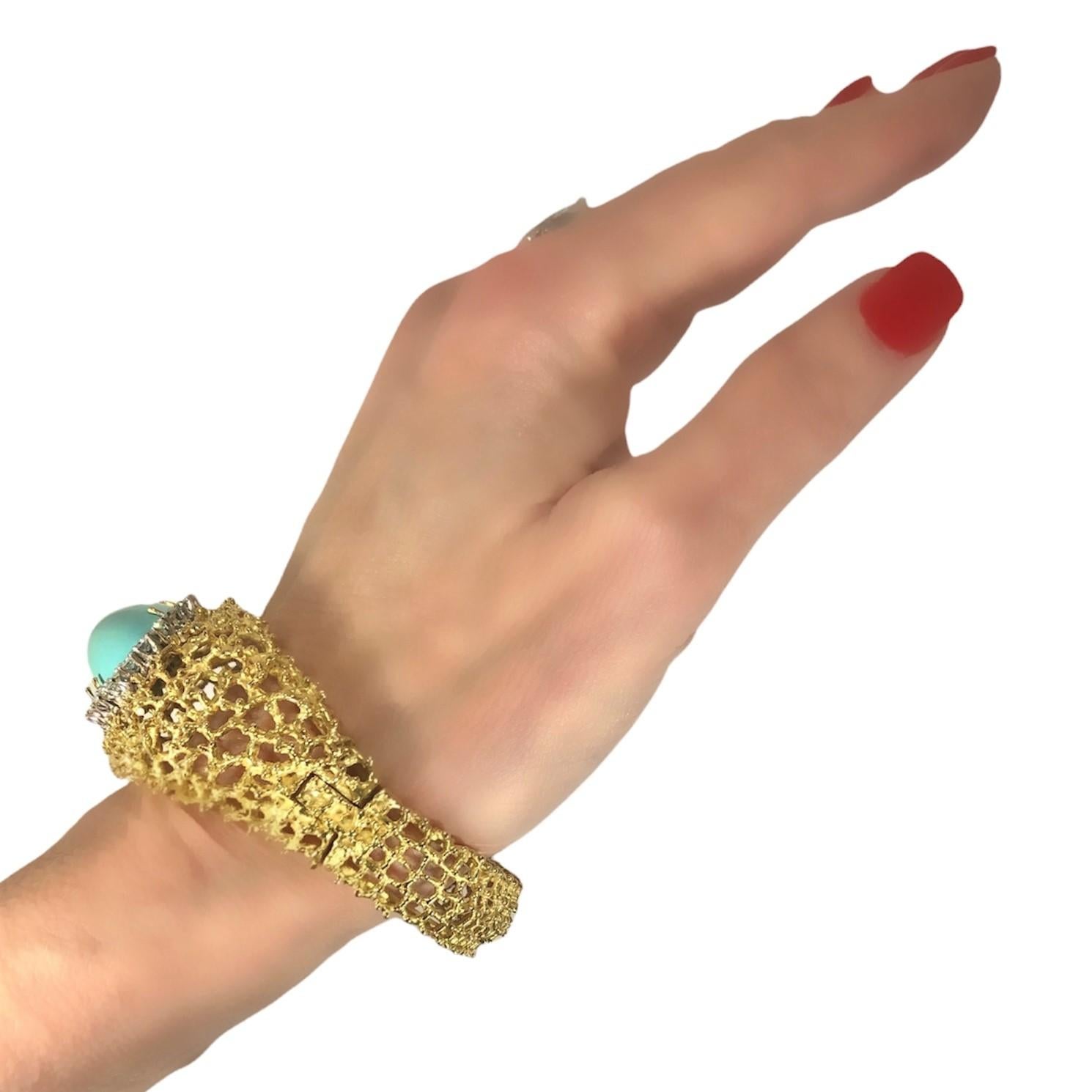 Tishman and Lipp Bracelet bombé en or 18 carats avec turquoise et diamants 5