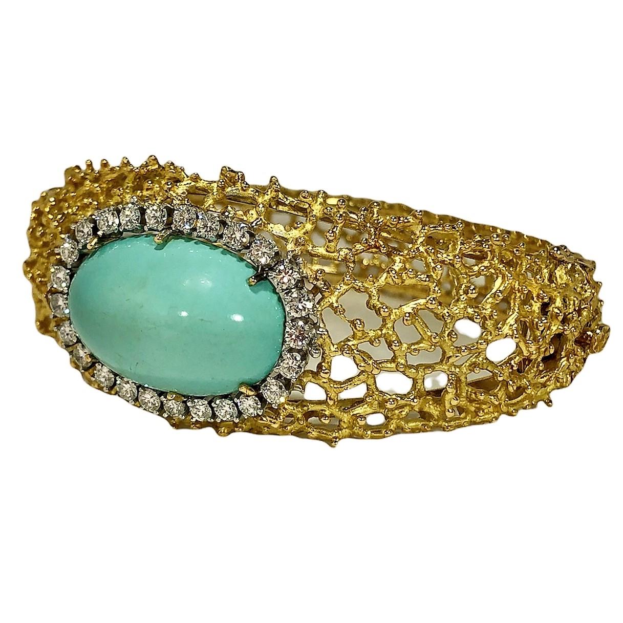 Moderne Tishman and Lipp Bracelet bombé en or 18 carats avec turquoise et diamants