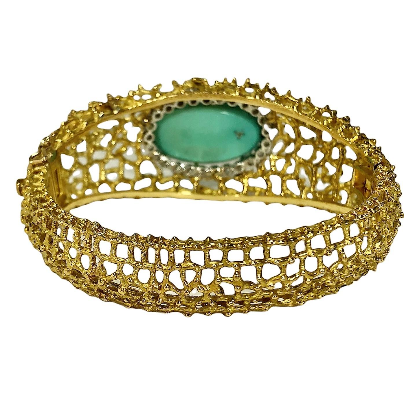 Tishman and Lipp Bracelet bombé en or 18 carats avec turquoise et diamants Bon état à Palm Beach, FL