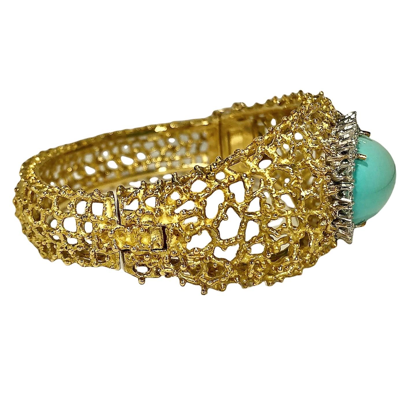  Tishman and Lipp Bracelet bombé en or 18 carats avec turquoise et diamants Pour femmes 