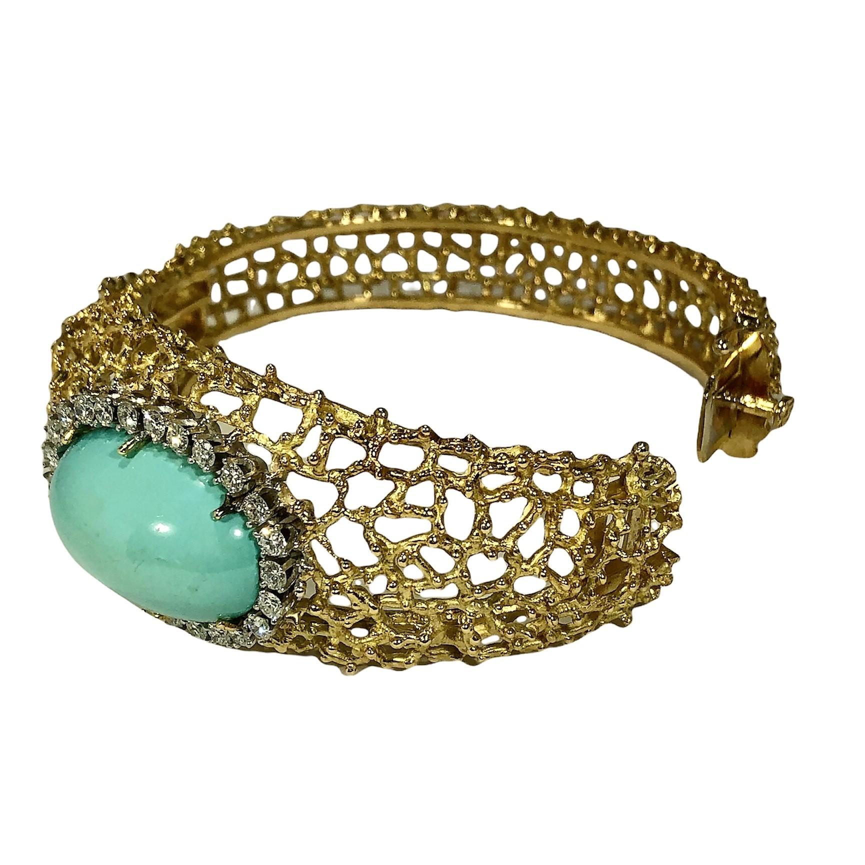 Tishman and Lipp Bracelet bombé en or 18 carats avec turquoise et diamants 1