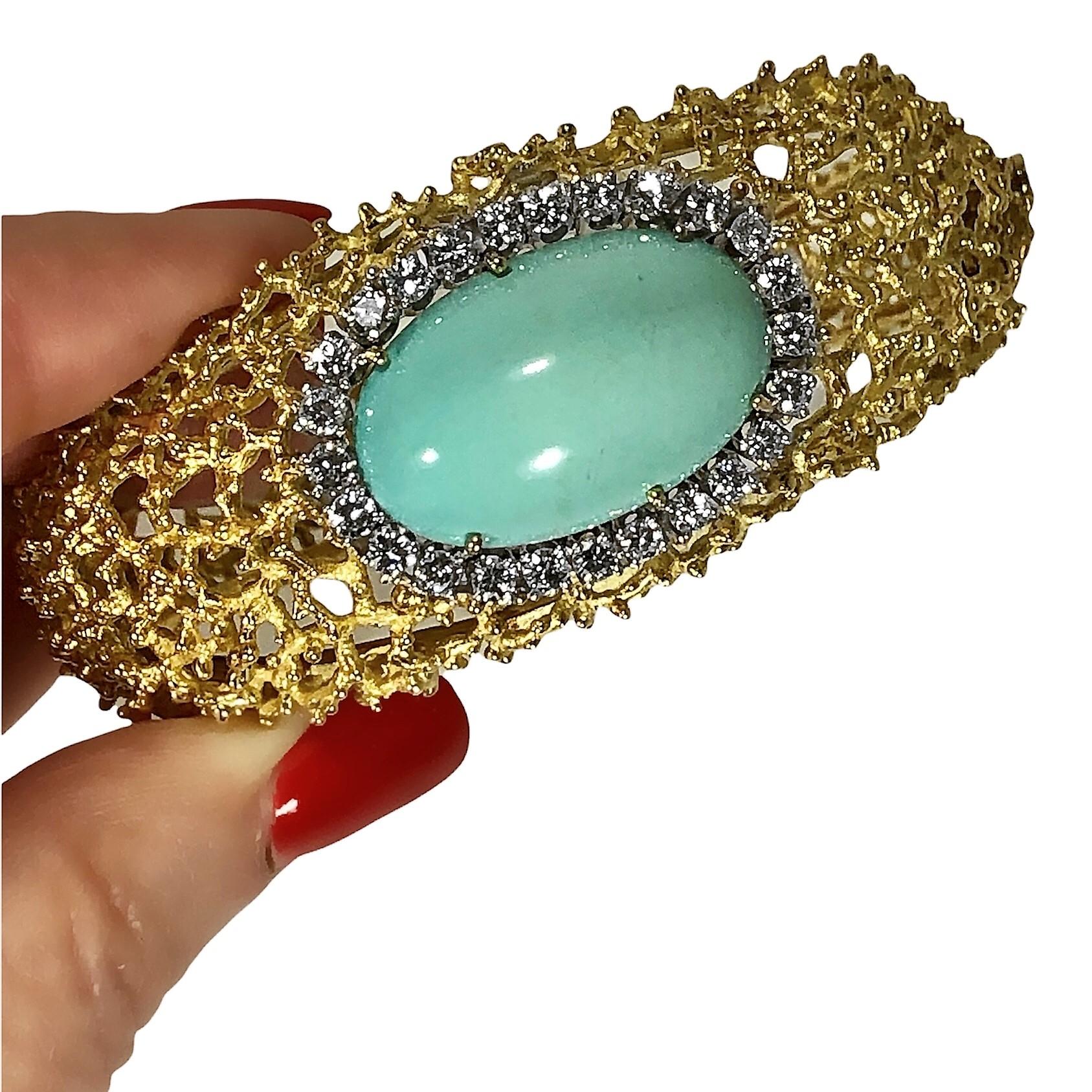 Tishman and Lipp Bracelet bombé en or 18 carats avec turquoise et diamants 2