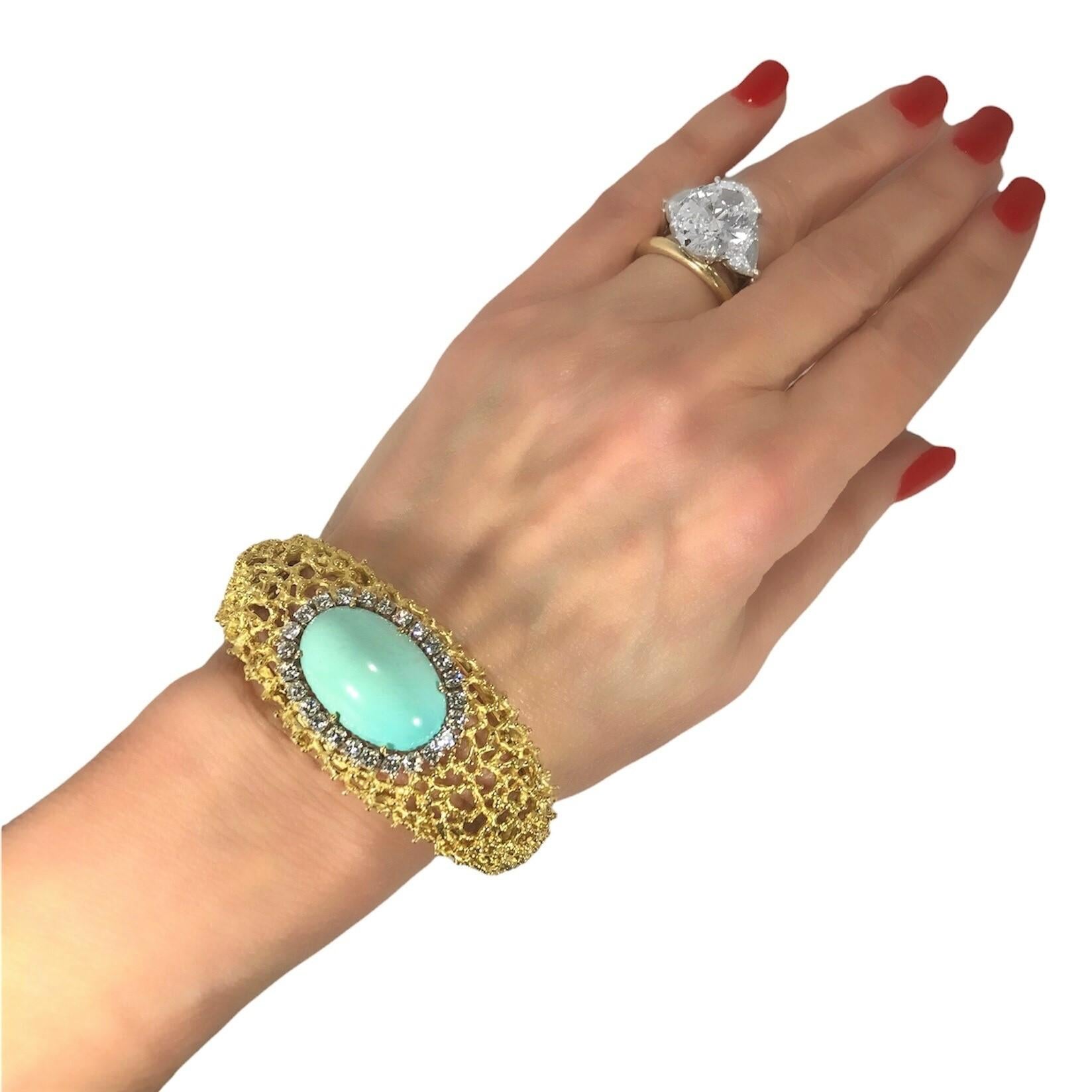 Tishman and Lipp Bracelet bombé en or 18 carats avec turquoise et diamants 3