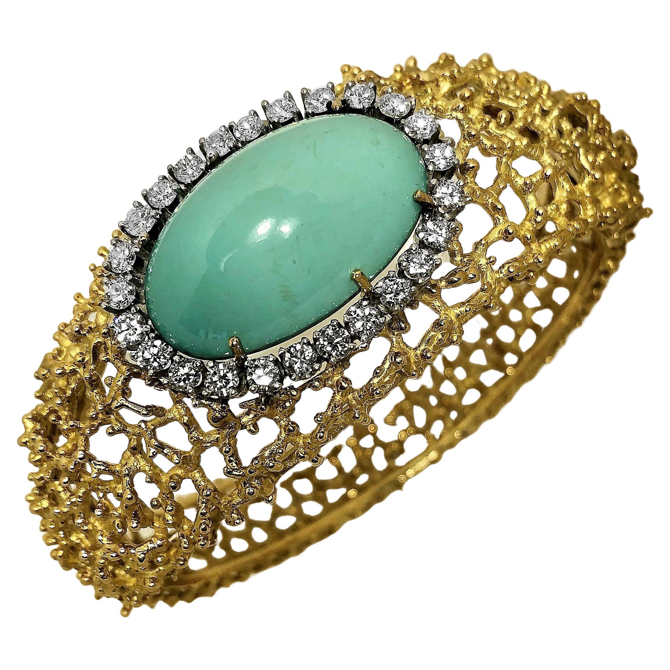 Tishman and Lipp Bracelet bombé en or 18 carats avec turquoise et diamants