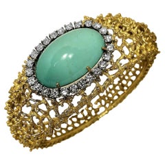 Tishman and Lipp Bracelet bombé en or 18 carats avec turquoise et diamants