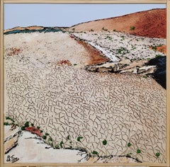 "Dryness",  Cracked Yellow Sand Colored Land Scattered Green Plants Landscape