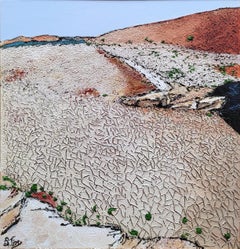 "Dryness",  Cracked Yellow Sand Colored Land Scattered Green Plants Landscape