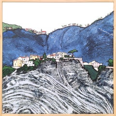 "Cinco Tierras", Costa en Italia, Casas de rosas blancas amarillas sobre paisaje azul grisáceo