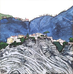 "Five Lands", Coast in Italy, Yellow White Rose Houses on Grey Blue Landscape
