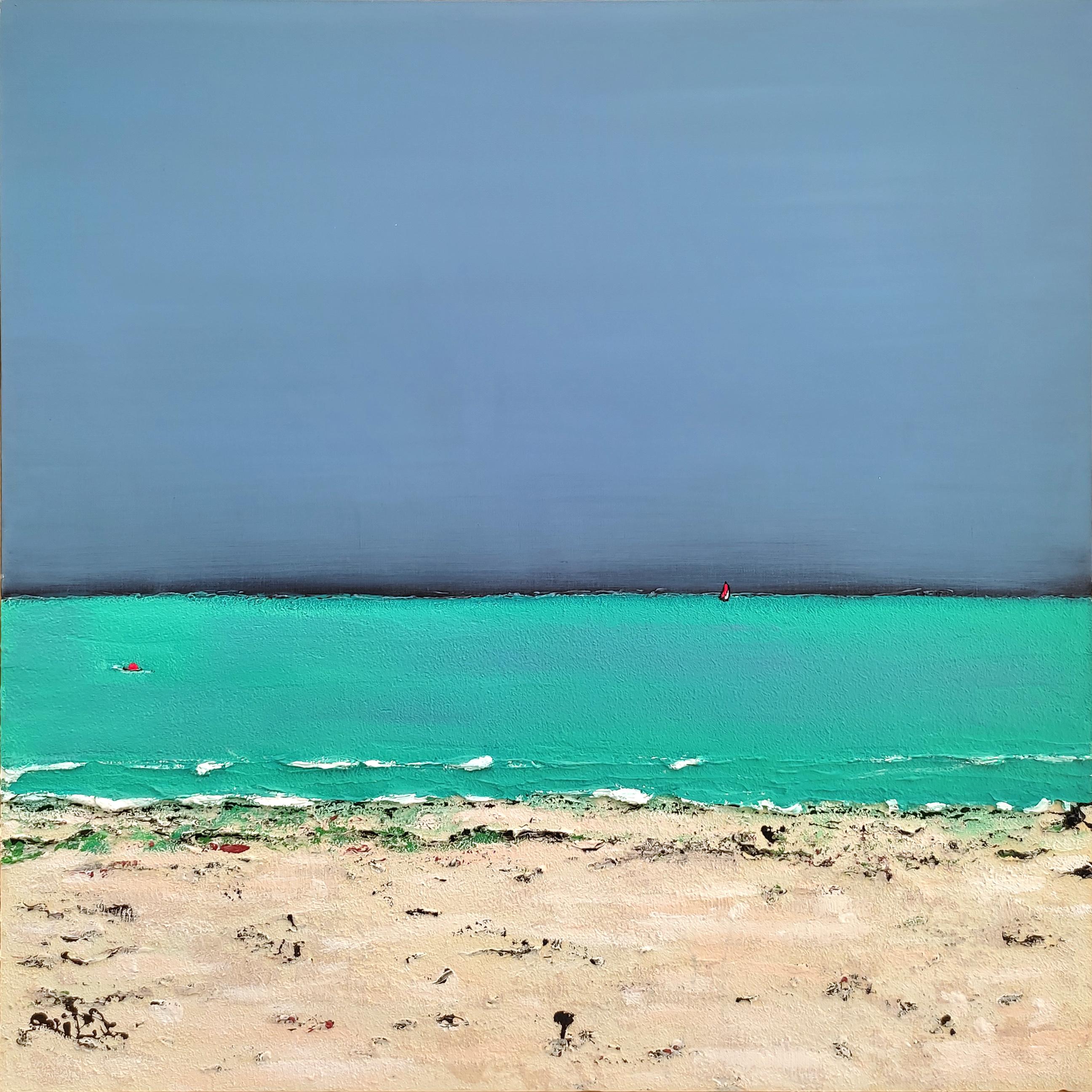 Tison Lionel Landscape Painting - "Horizon I ",  Sandy Beach Turquoise Seawaters Dark Gray Sky Marine Landscape