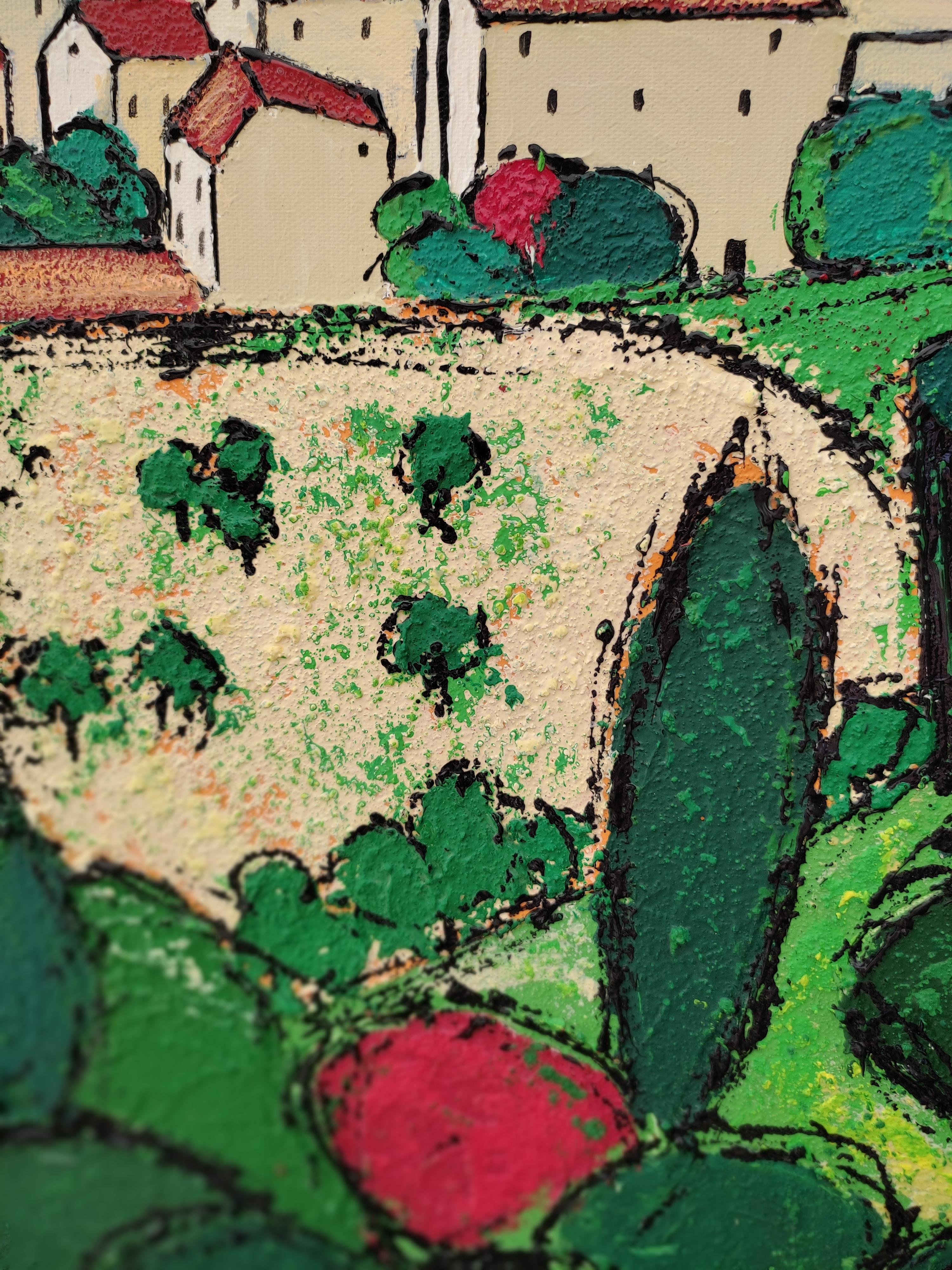 « In the Midst of All Greenery » (Dans le milieu de toute la verdure),  Paysage de maisons coloré jaune vif et rouge - Painting de Tison Lionel