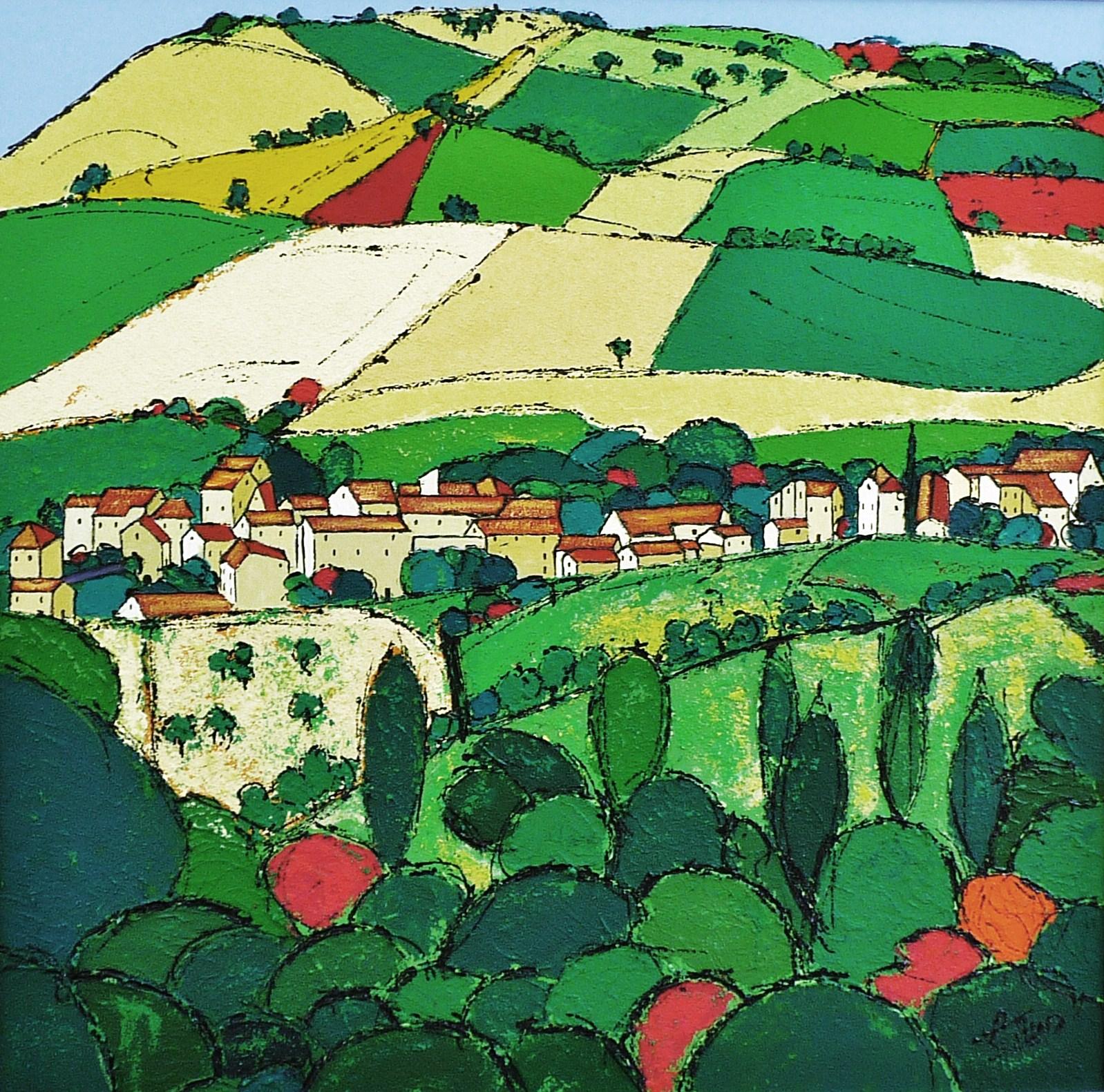 Landscape Painting Tison Lionel - « In the Midst of All Greenery » (Dans le milieu de toute la verdure),  Paysage de maisons coloré jaune vif et rouge