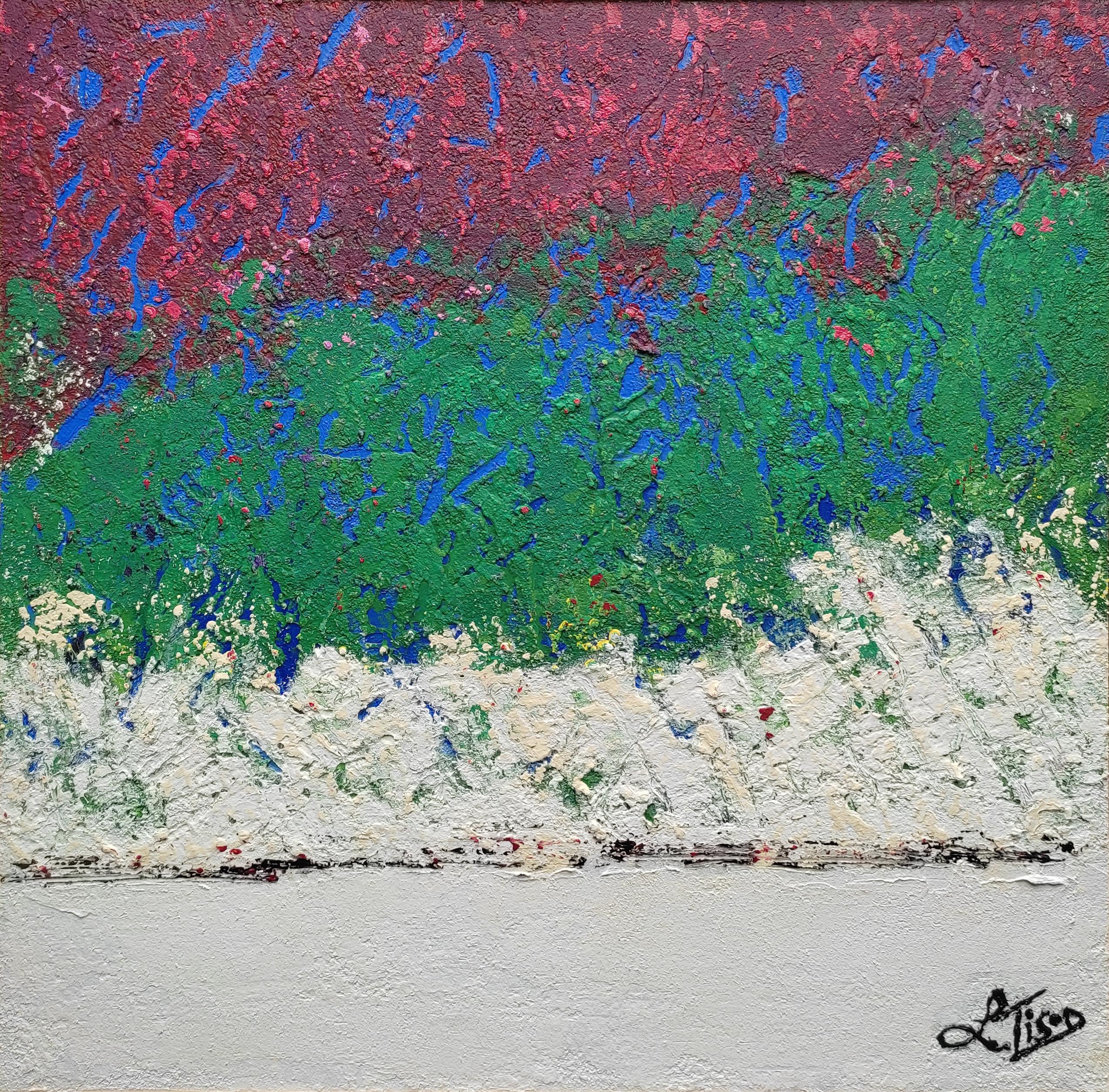 Abstract Painting Tison Lionel - "" Shoreline "",  Paysage abstrait en bas-relief bleu saphir bourgogne rouge vert beige