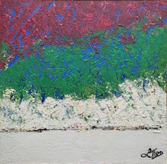 "Shoreline",  Saphir Blue Burgundy Red Green Beige Low Relief Abstract Landscape