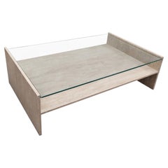 TISSI Midcentury Polished Italian Travertine Marble & Glass Coffee Table Design
