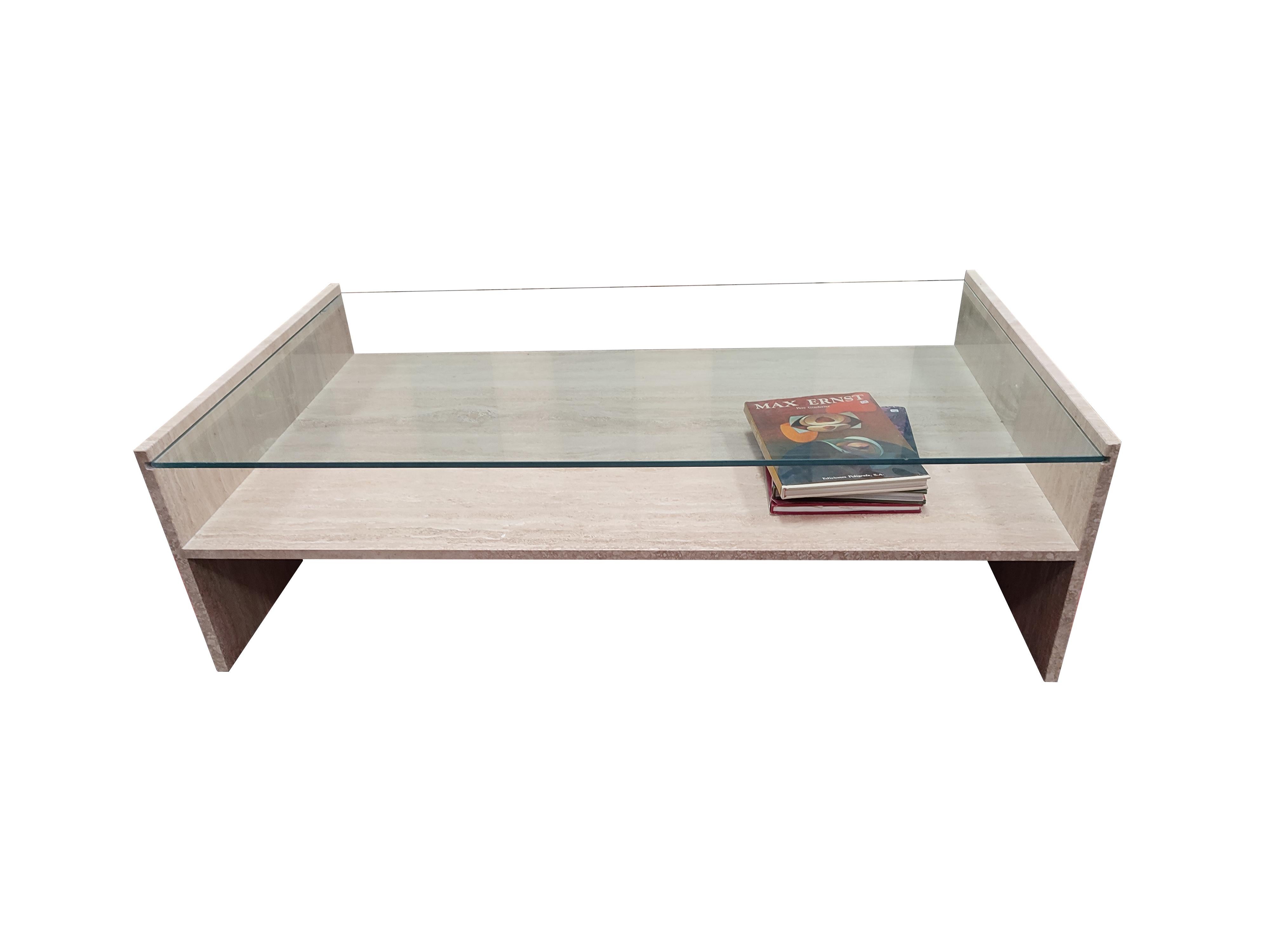 TISSI Midcentury Polished Travertine Marble & Glass Coffee Table Original 80's Spain
The TISSI coffee table is 1980’s original from the beginnings of the Spanish marble design company. The piece has a contemporary design, since despite being an