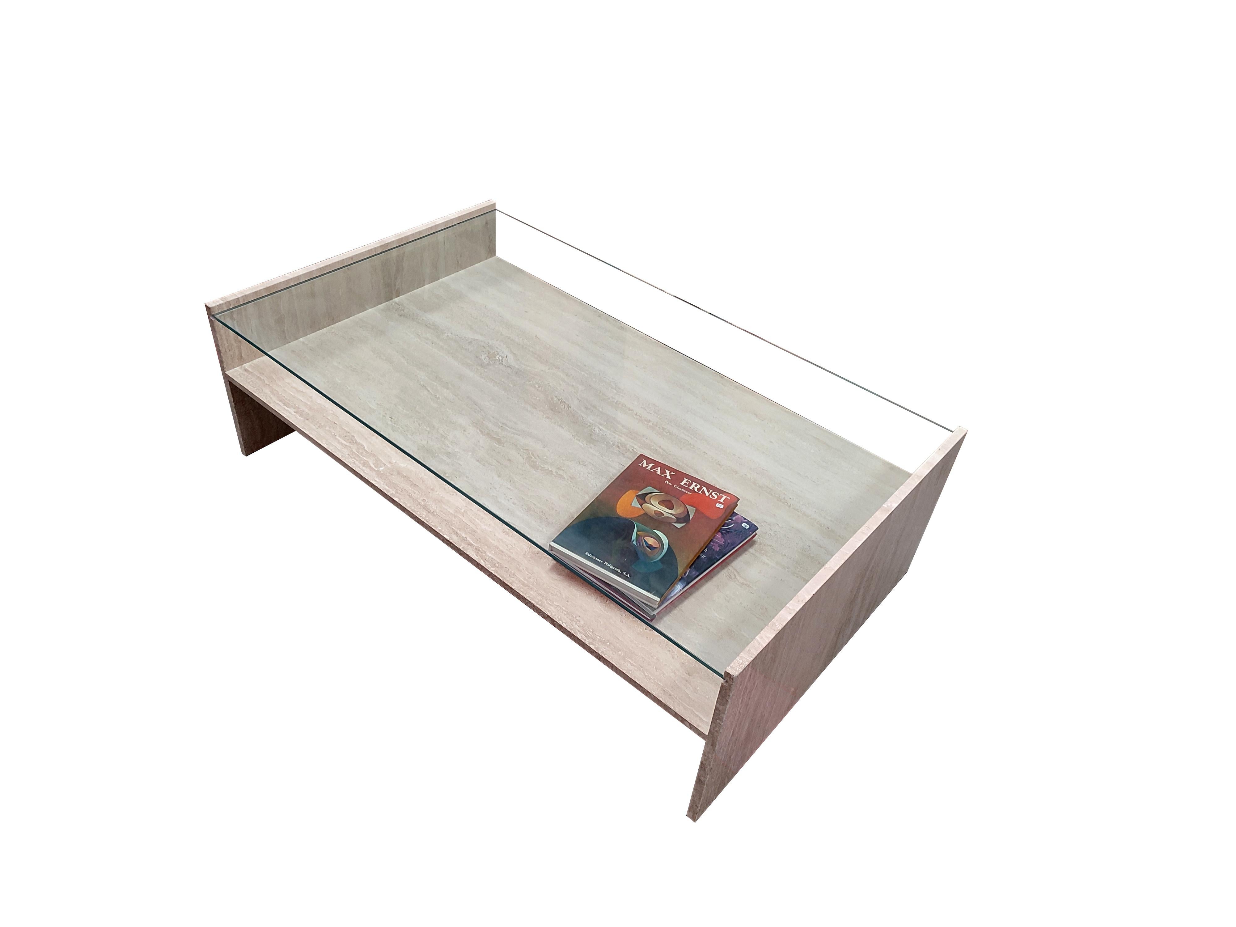 Mid-Century Modern TISSI Midcentury Polished Travertine Marble & Glass Coffee Table Original 80's For Sale