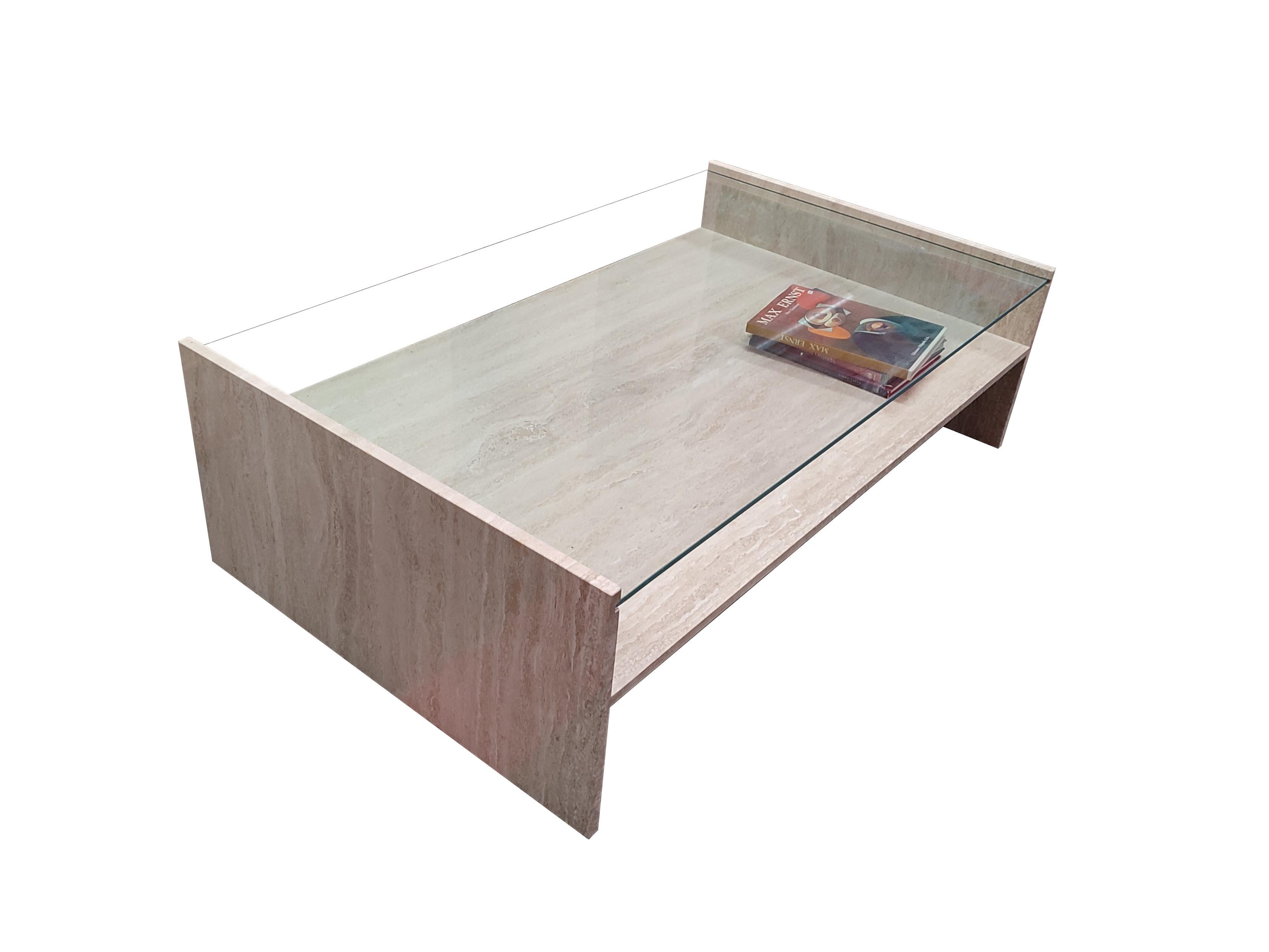 Crystal TISSI Midcentury Polished Travertine Marble & Glass Coffee Table Original 80's For Sale