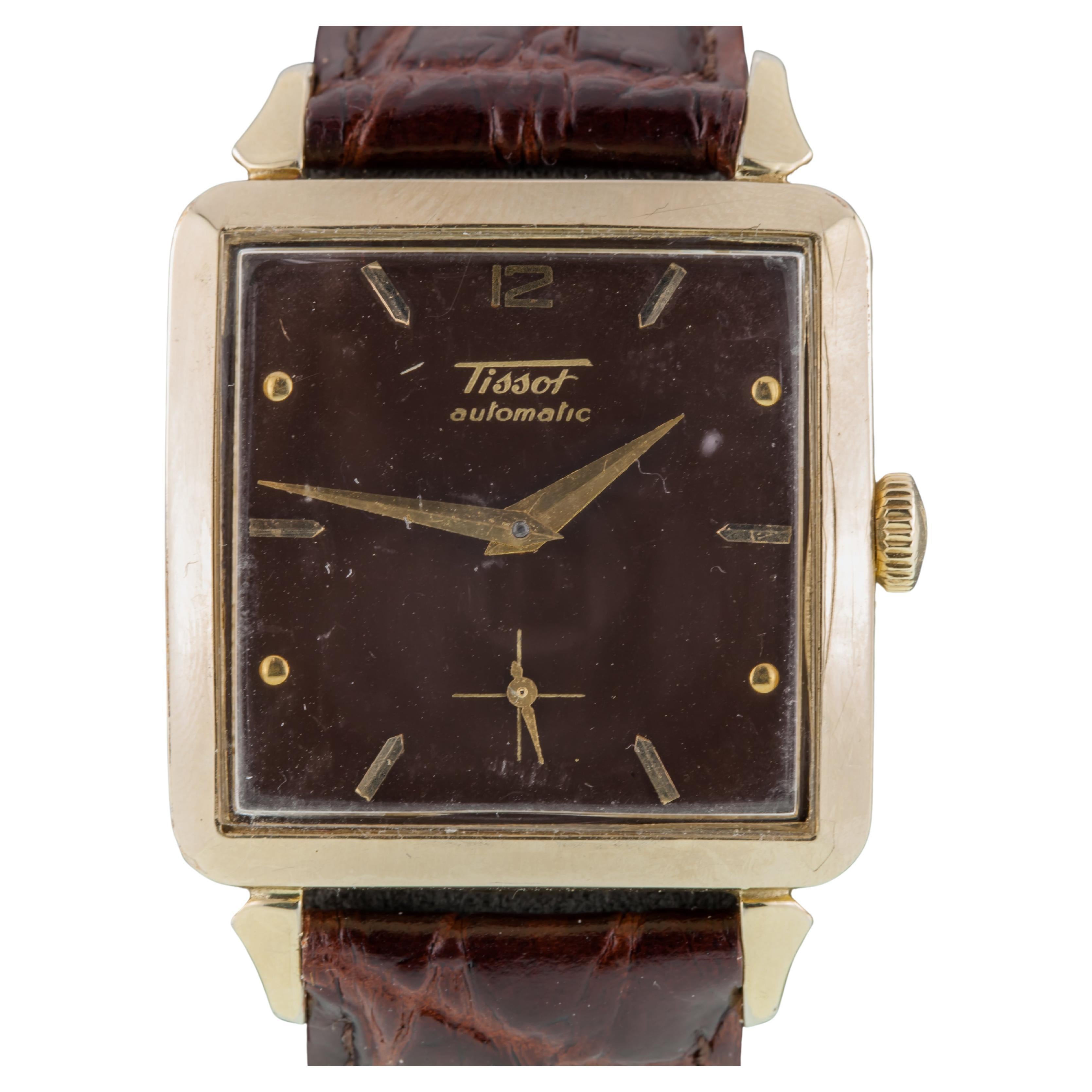 Tissot 14k Gold Filled Square Automatic Men's Watch with Leather Band Mov 285 For Sale