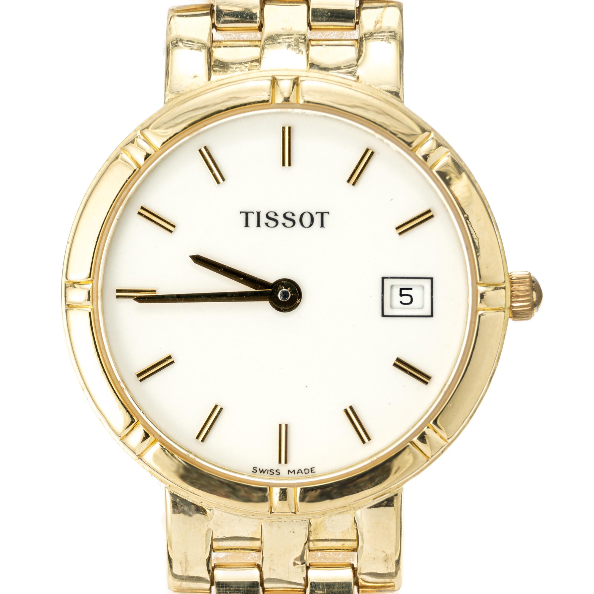 Tissot Ladies Five row panther link wristwatch. 18k gold quartz wristwatch with day date. Circa 2000's. Full length may be shortened. Length just under 7.25 Inches. 

Length: 35.05mm
Width: 26mm
Band width at case: 14mm
Case thickness: 5.05mm
Band: