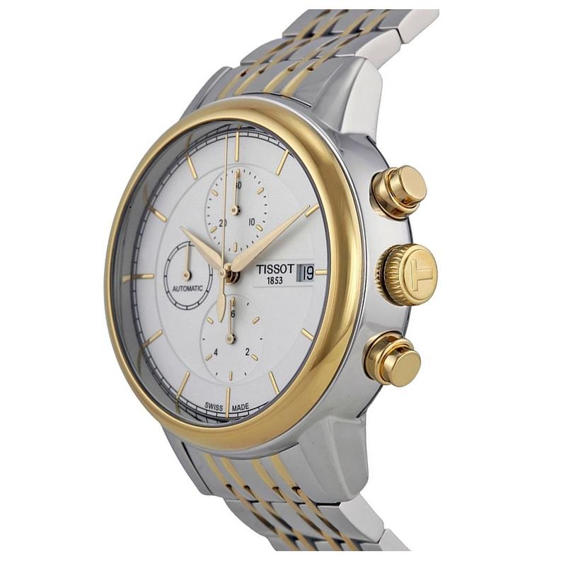 Stainless steel case with a two-tone (silver and gold PVD) stainless steel bracelet. Fixed gold PVD bezel. White dial with gold-tone hands and index hour markers. Minute markers around the outer rim. Dial Type: Analog. Date display at the 3 o'clock