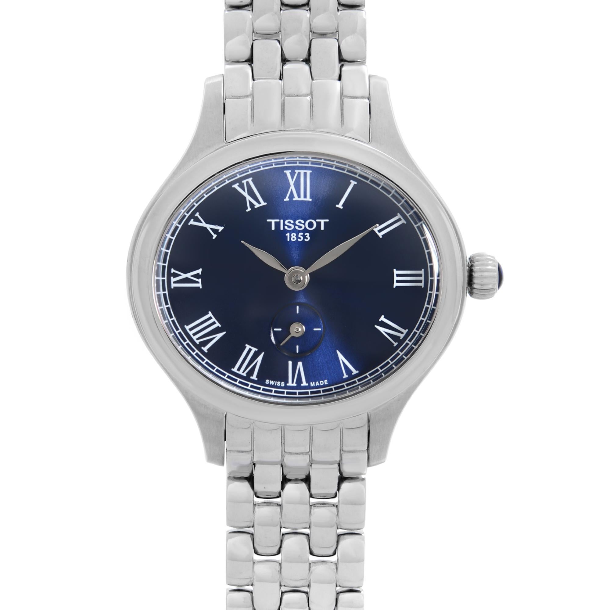 Display Model Tissot Bella Ora Piccola Steel Blue Dial Ladies Quartz Watch T103.110.11.043.00. This Beautiful Ladies Timepiece is Powered By a Quartz (Battery) Movement and Features: Stainless Steel Case and Bracelet. Fixed Stainless Steel Bezel.