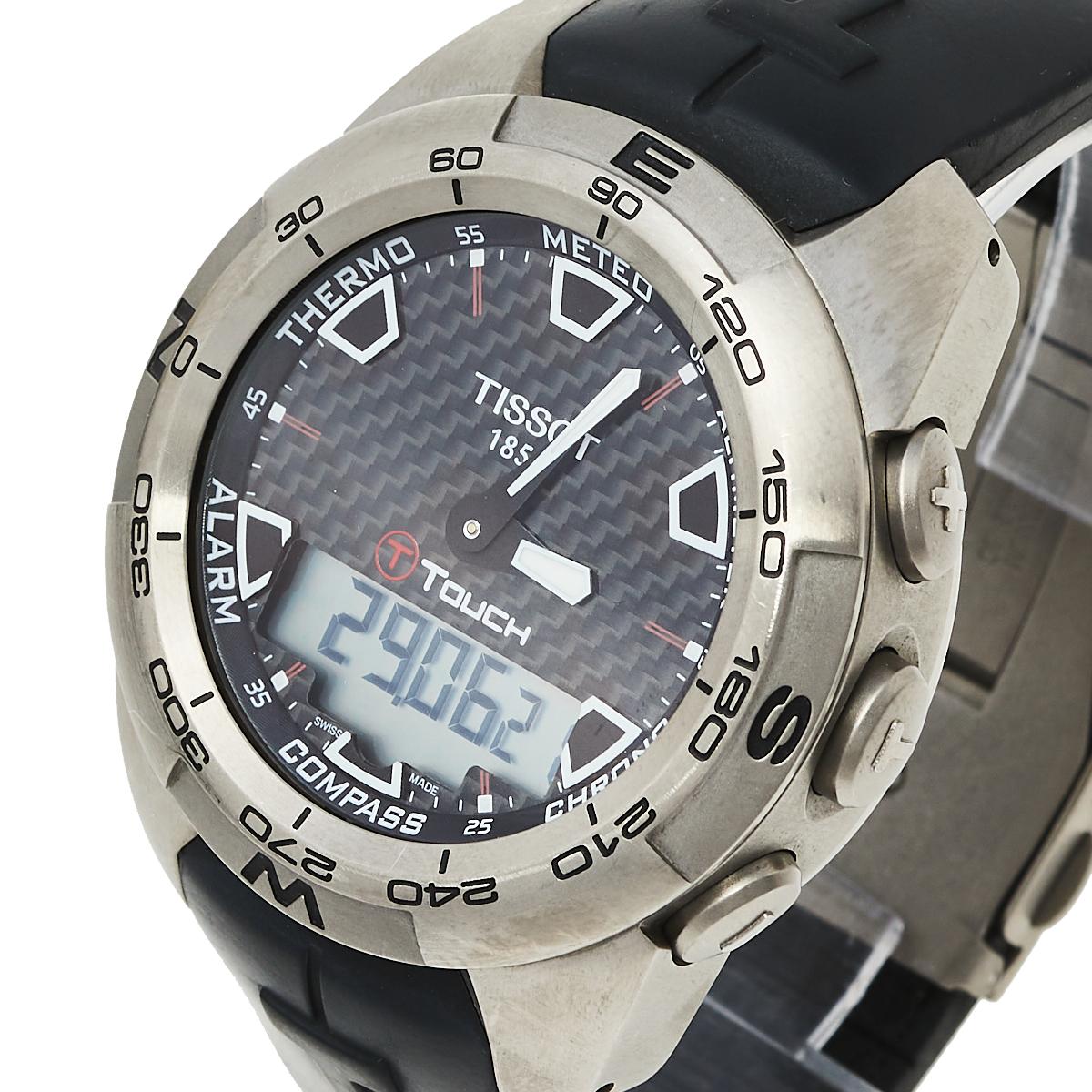 Featuring a men's sports-style watch from Tissot's T-Touch range. This titanium 43 mm watch comes with a rotating titanium bezel. The black analog-digital dial has luminous markers and hands. Functions include perpetual calendar, alarm, GMT,