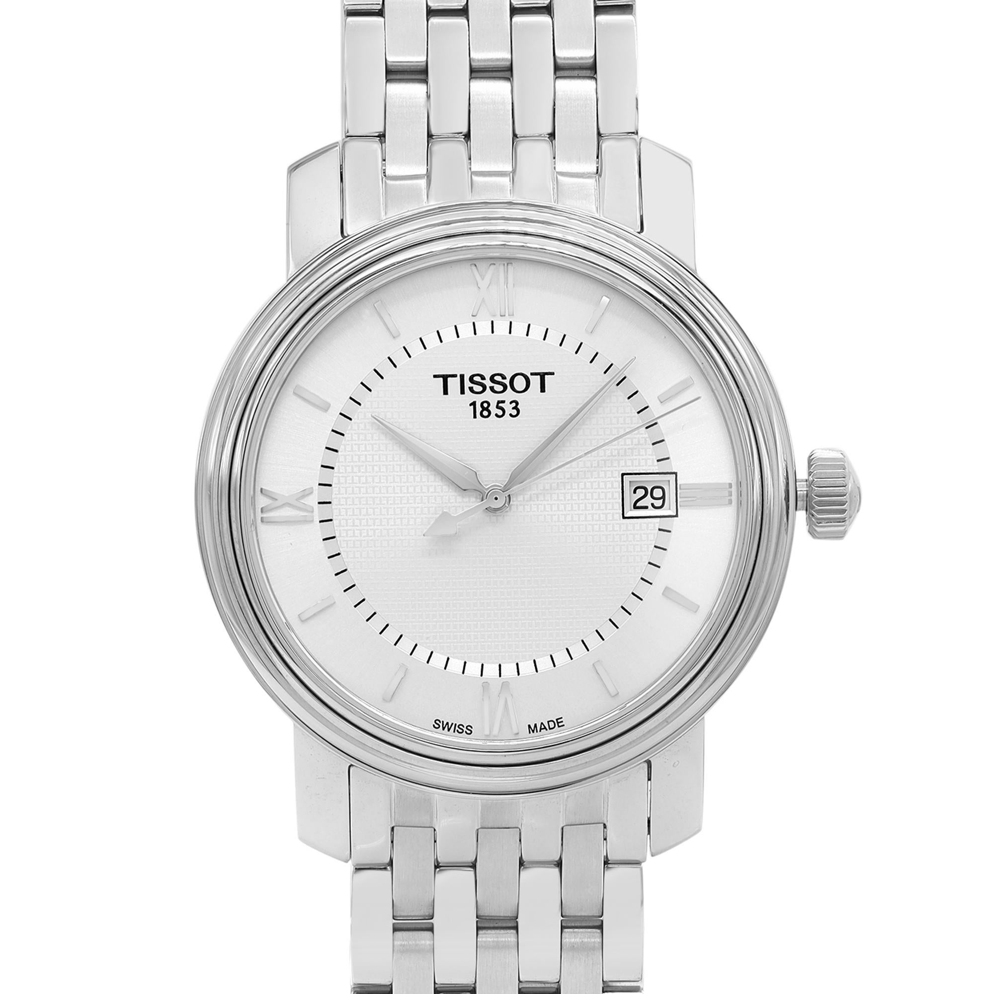 Display Model Tissot Bridgeport Stainless Steel Silver Dial Men's Quartz Watch T097.410.11.038.00. This Beautiful Timepiece Features: Stainless Steel Case with a Stainless Steel Bracelet. Fixed Steel Bezel. Silver Dial with Silver-Tone Hands, and