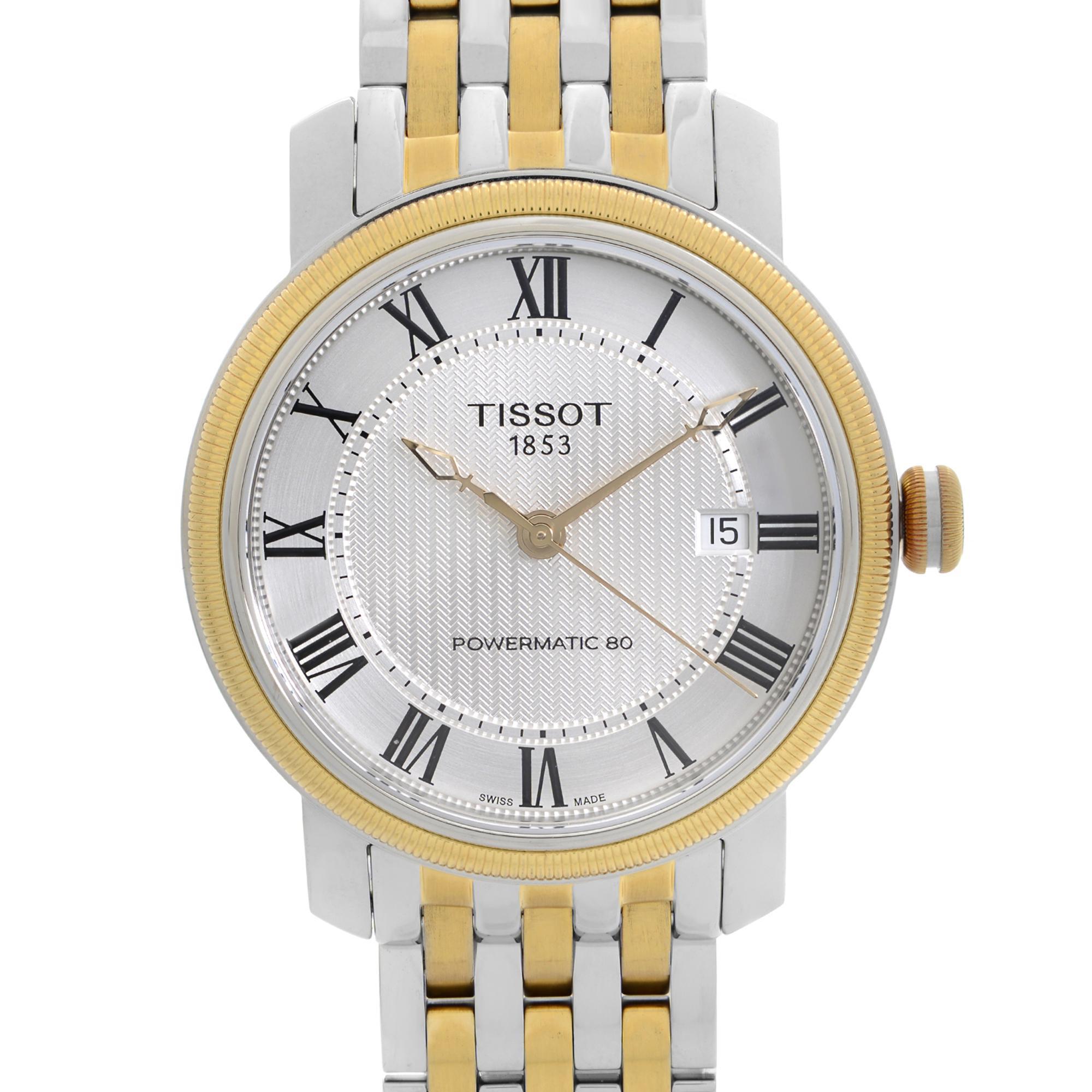 Display Model Tissot Bridgeport Two-Tone Silver Dial Automatic Mens Watch T045.407.22.033.00. This Beautiful Timepiece is Powered by Mechanical (Automatic) Movement And Features: Round Stainless Steel Case with a Two-Tone (Steel & Yellow Gold PVD)