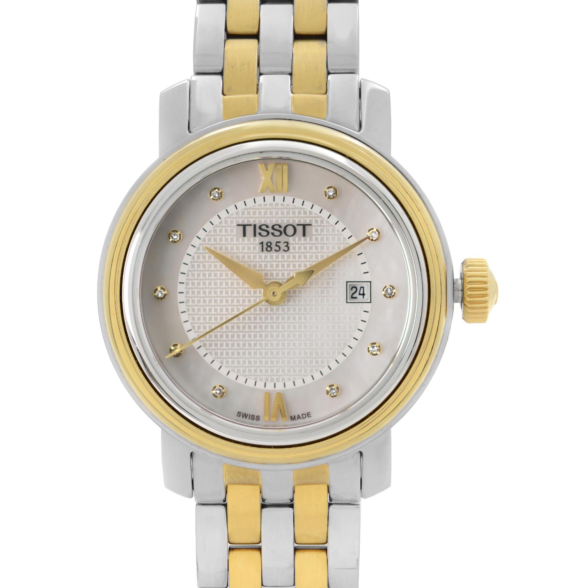 New with Defects Tissot Bridgeport T097.010.22.116.00. The Watch has Minor Blemishes on Gold Tone Parts and the Case Back. This Beautiful Timepiece is Powered by Quartz (Battery) Movement and Features: Stainless Steel Case with a Two-Tone