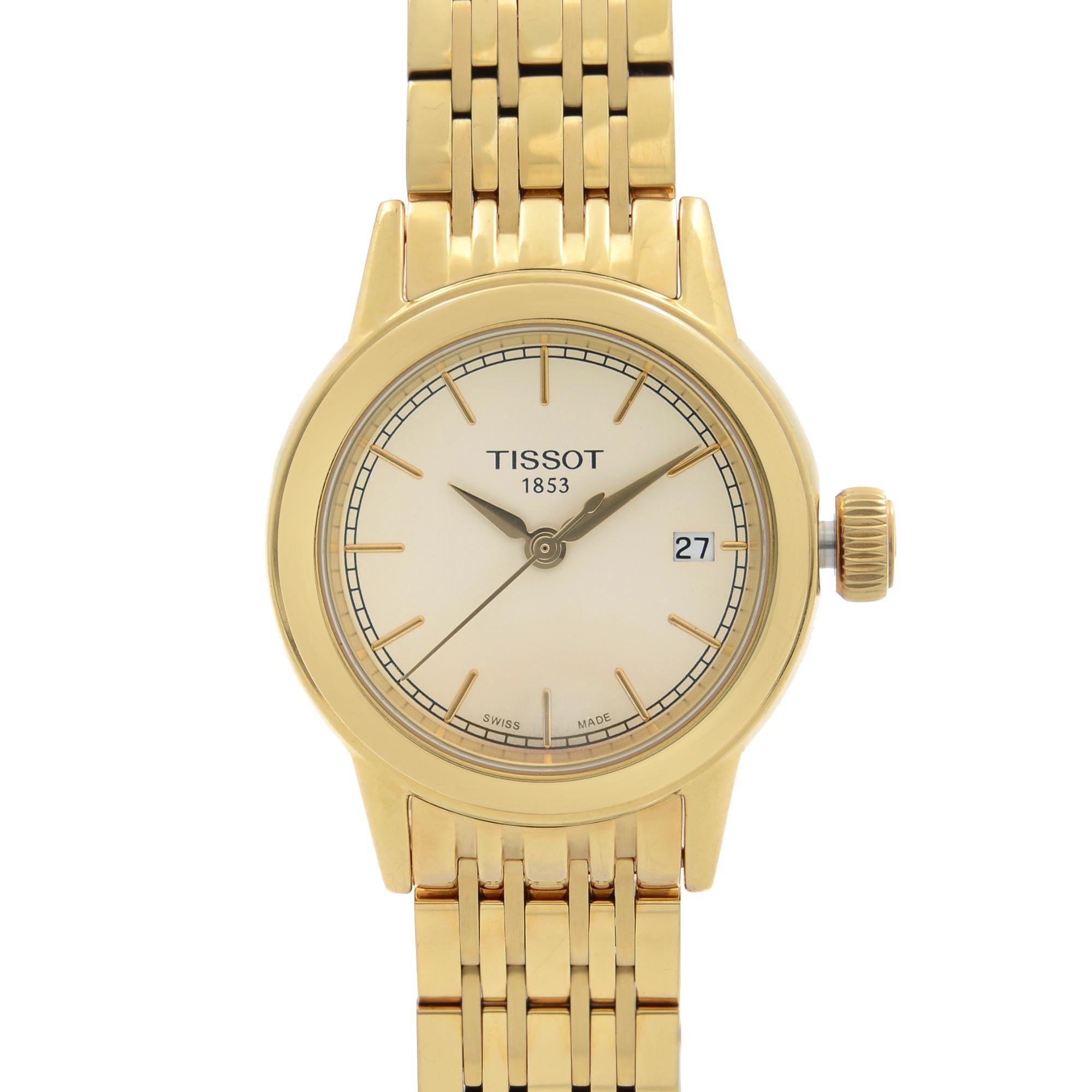 Pre-owned Tissot Carson 29mm Stainless Steel Yellow Gold PVD Champagne Dial Ladies Watch T085.210.33.021.00. Minor Scratches on the Case and Bracelet,  Oxidation Around the Inside of the Bracelet Under Closer Inspection. This timepiece is powered by