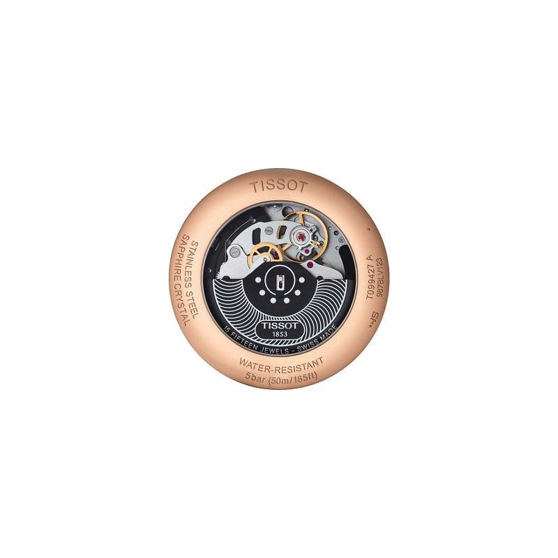 Collection 	T-Classic
Gender 	GENT
Case shape 	ROUND
Water resistance 	Water-resistant up to a pressure of 5 bar (50 m / 165 ft)
Case Material 	316L stainless steel case with rose gold PVD coating
Length (mm) 	44
Width (mm) 	44
Lugs (mm)