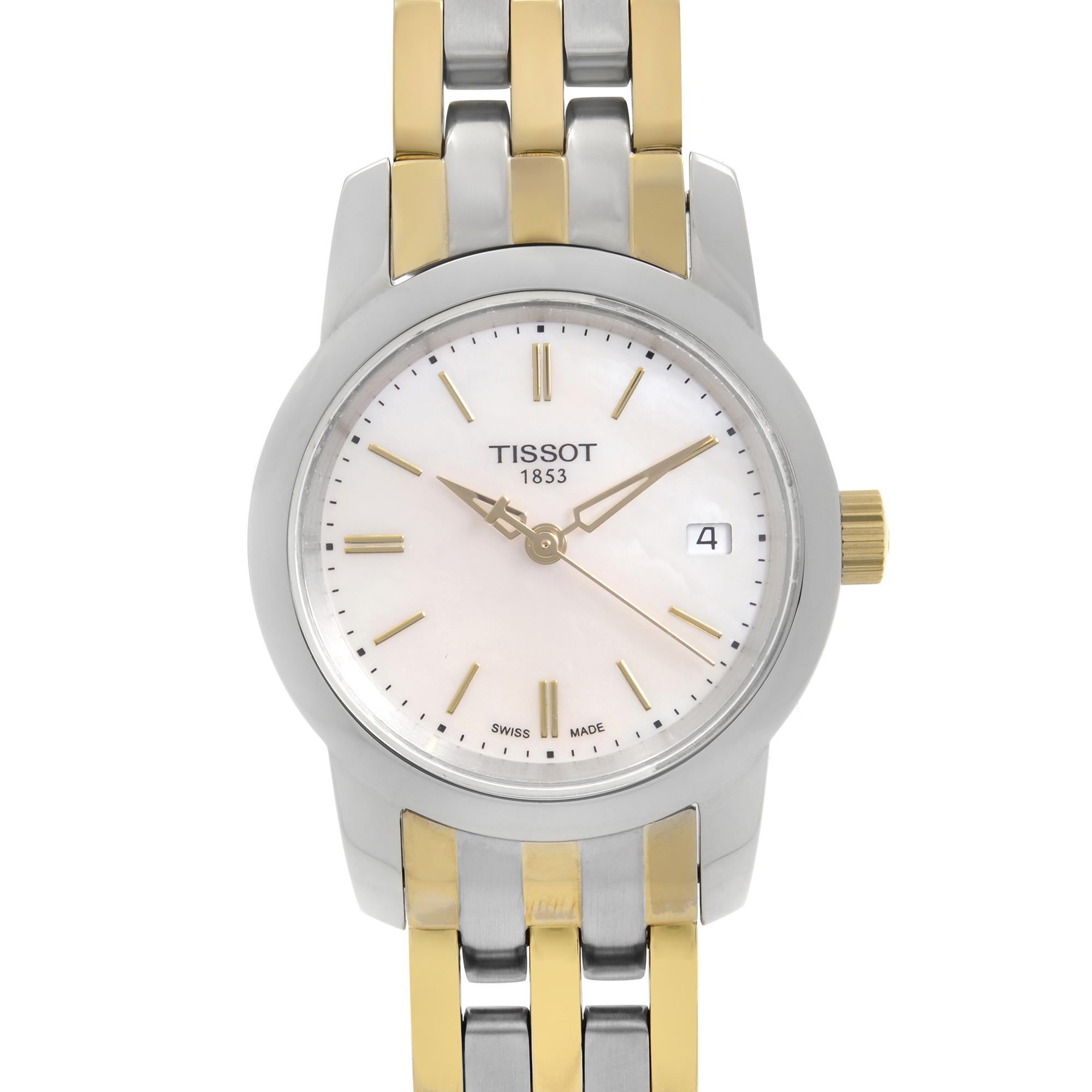 Preowned mint Tissot Classic Dream 28mm Stainless Steel Mother of Pearl Dial Ladies Quartz Watch T033.210.22.111.00. The watch was never owned but has Minor scuffs and scratches on the Gold-Tone links on the Bracelet visible Under closer Inspection
