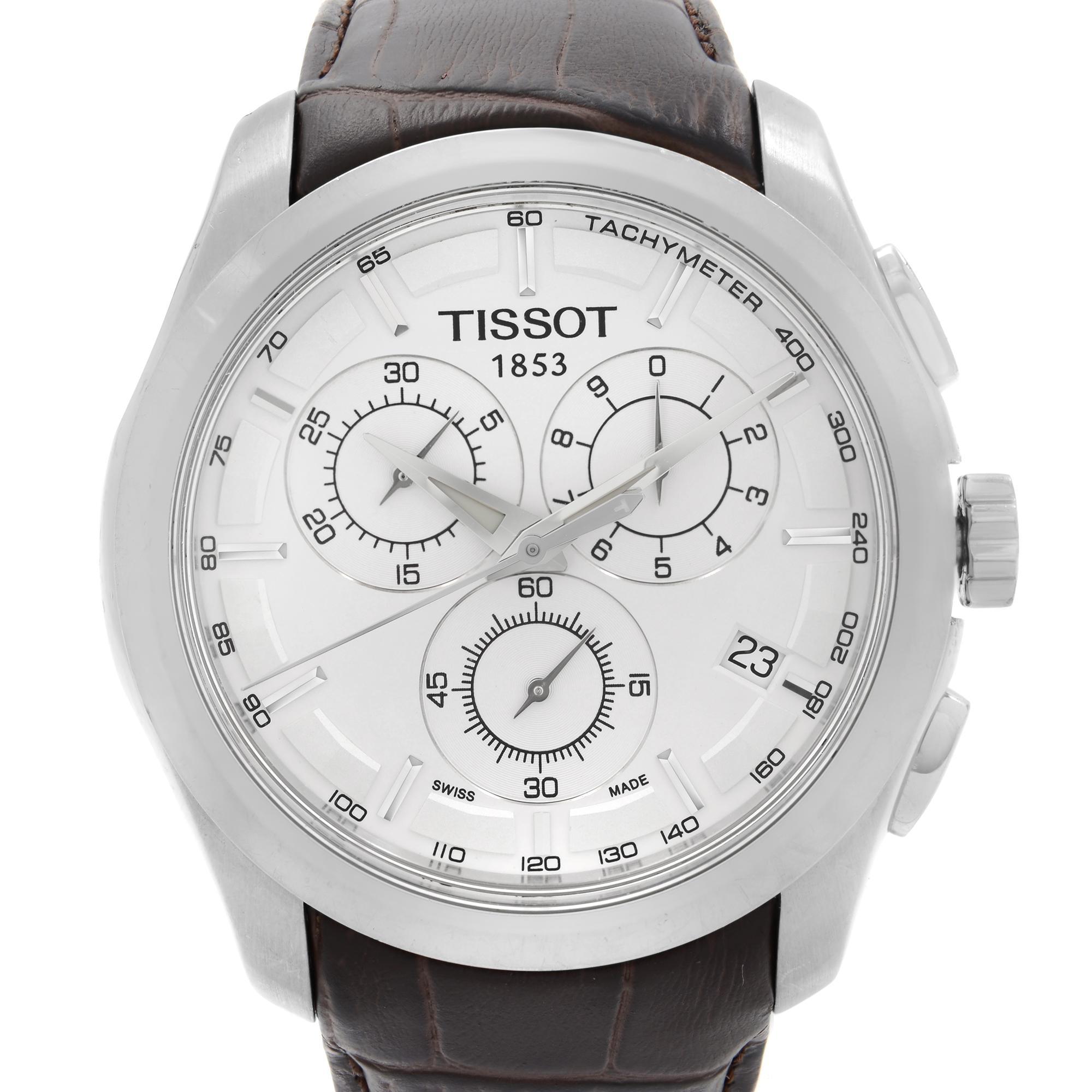 Pre-owned Tissot Couturier Chronograph White Dial Leather Strap Watch T035.617.16.031.00. Scratches on the Bezel and Nicks on the Case. Insignifiicanty blemishes on the inner side of the strap. This Beautiful Timepiece is Powered by Quartz (Battery)