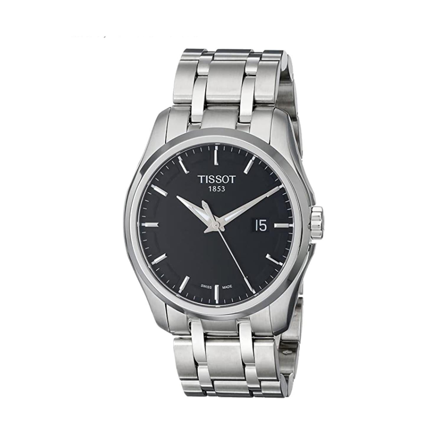 This display model Tissot Couturier  T035.410.11.051.00 is a beautiful men's timepiece that is powered by quartz (battery) movement which is cased in a stainless steel case. It has a round shape face,  dial, and has hand sticks style markers. It is