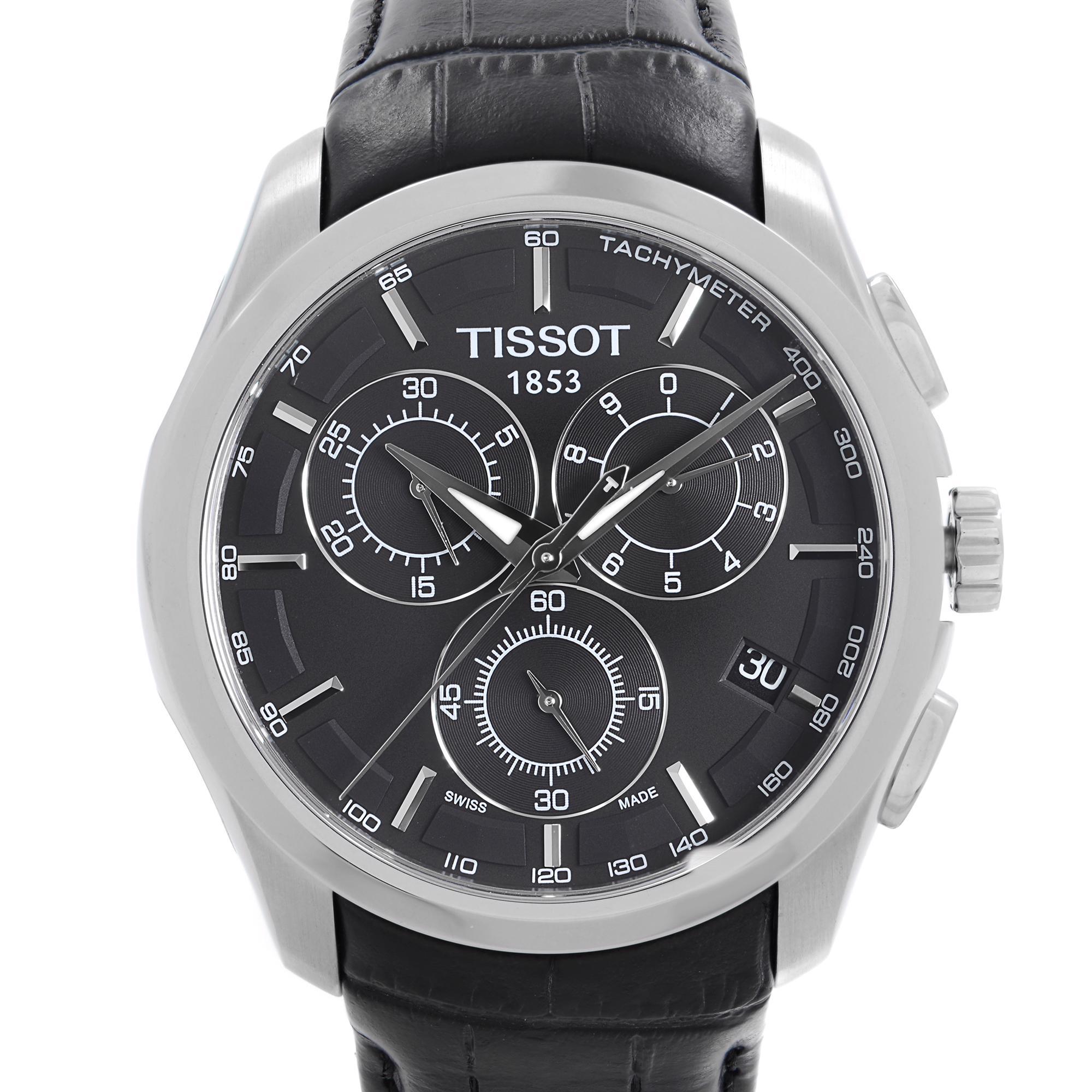 Unworn Tissot Couturier Quartz Men's Watch AT035.617.16.051.00. The Watch May not Have Tags. This Beautiful Timepiece is Powered by Quartz (Battery) Movement and Features: Round Stainless Steel Case with a Black Leather Strap, Black Dial with
