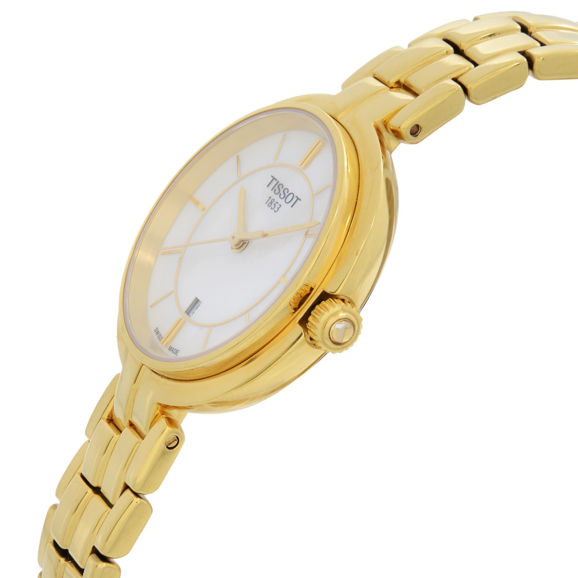 Tissot Flamingo Stahl Weißes MOP Zifferblatt Damen Quarzuhr T094.210.33.111.00 im Zustand „Gut“ in New York, NY