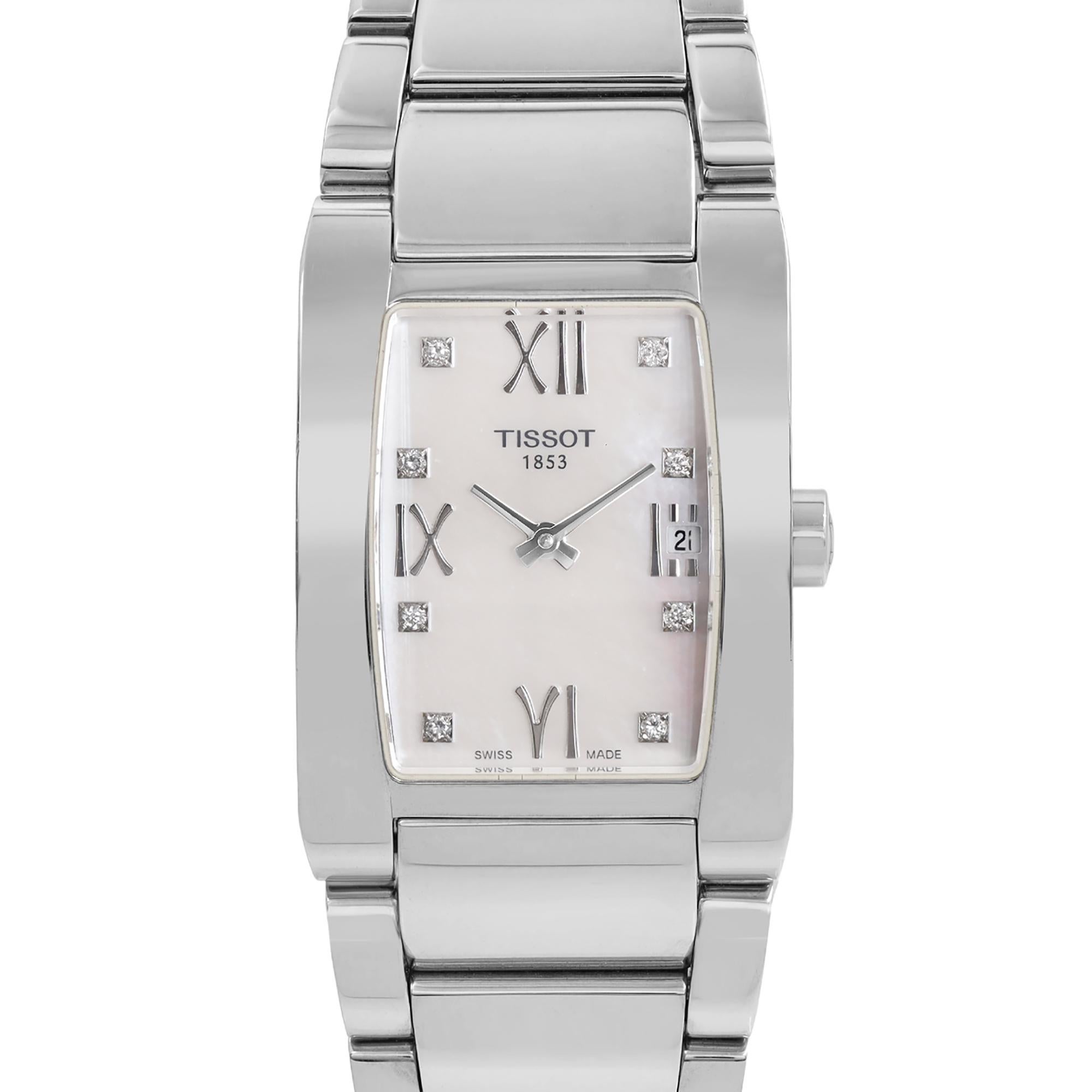 Display Model Tissot Generosi-T Ladies Watch T007.309.11.116.00. This Beautiful Timepiece is Powered by a Quartz (Battery) Movement and Features: Stainless Steel Case and Bracelet. Mother of Pearl Dial with Silver-Tone Hands and Diamond Hour