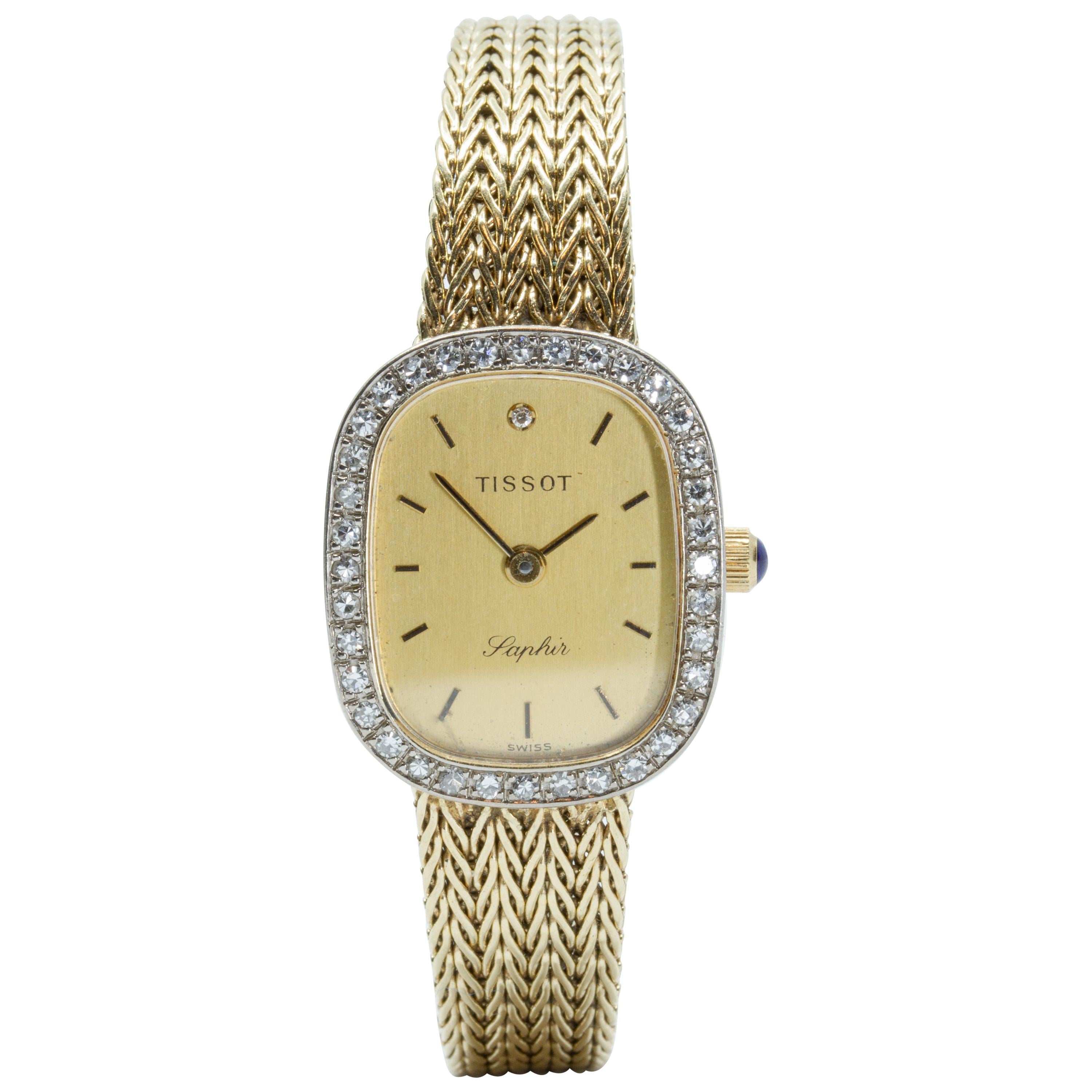 Tissot Ladies circa 1980s Diamond and 14 Karat Gold Wristwatch Signed "Saphir"