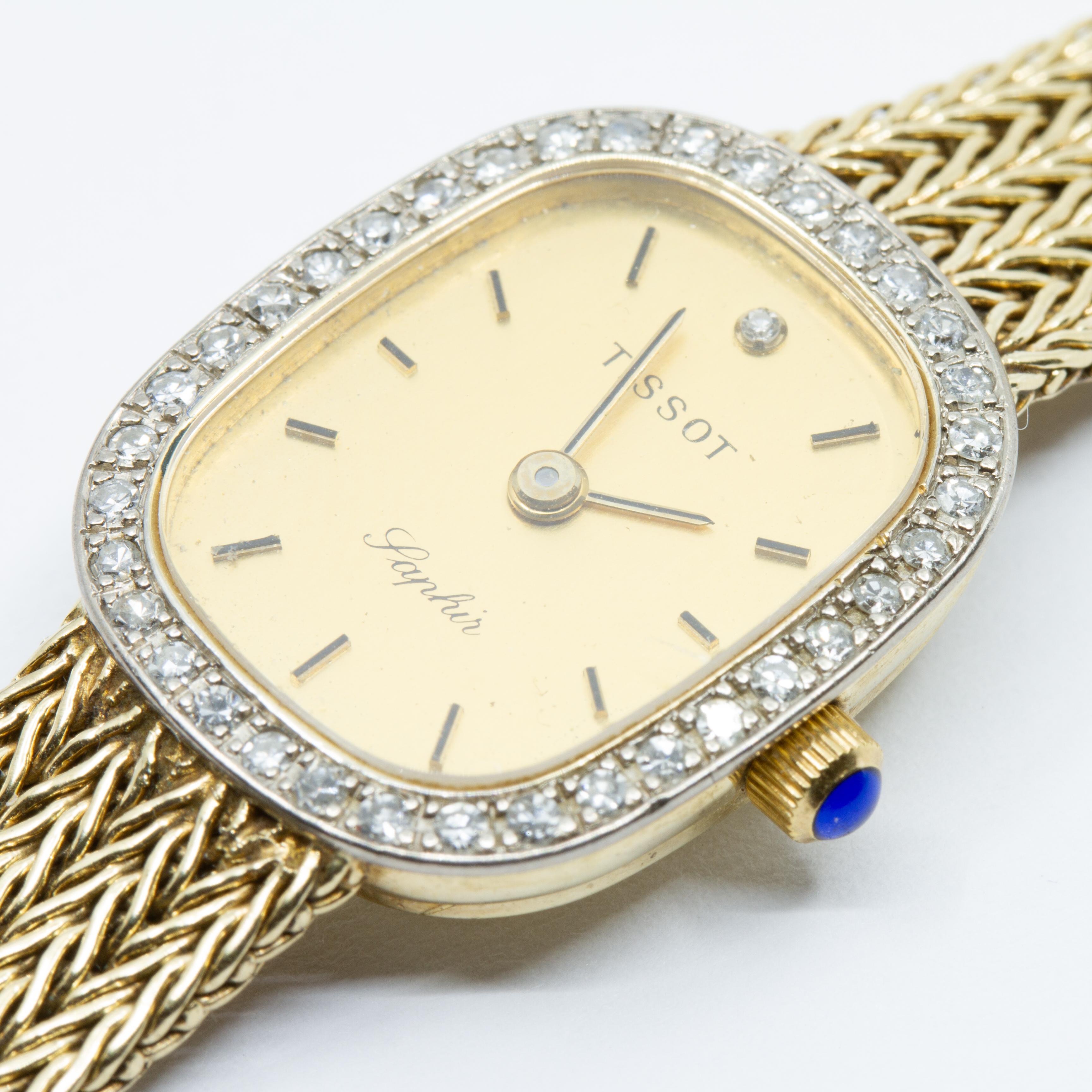 Women's or Men's Tissot Ladies circa 1980s Diamond and 14 Karat Gold Wristwatch Signed 